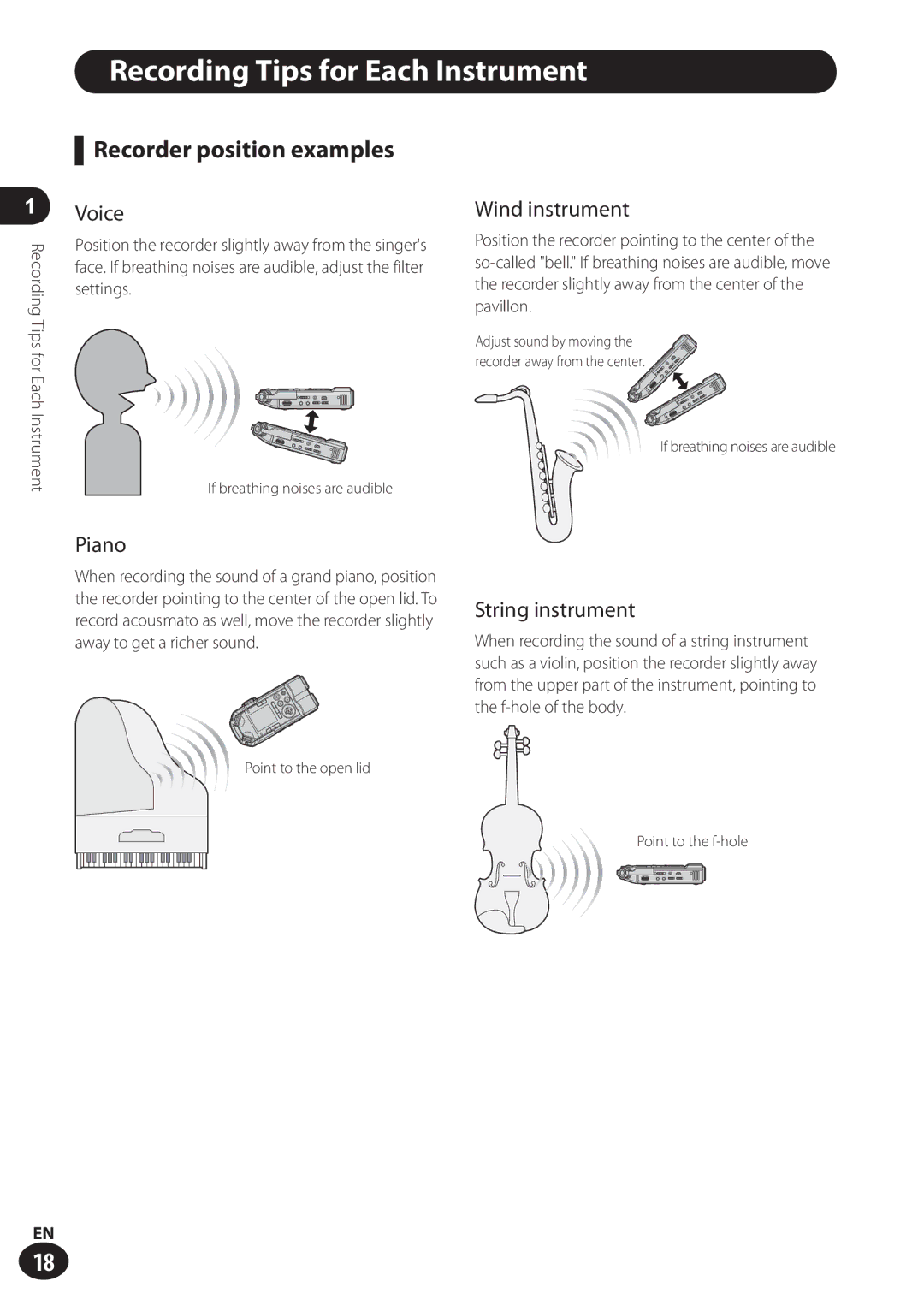 Olympus LS-100 user manual Recording Tips for Each Instrument, Recorder position examples 