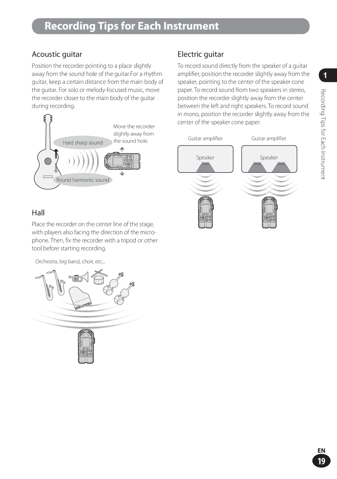 Olympus LS-100 user manual Acoustic guitar, Electric guitar, Hall, Instrument 