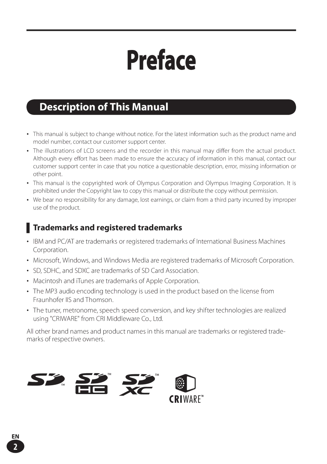 Olympus LS-100 user manual Description of This Manual, Trademarks and registered trademarks 