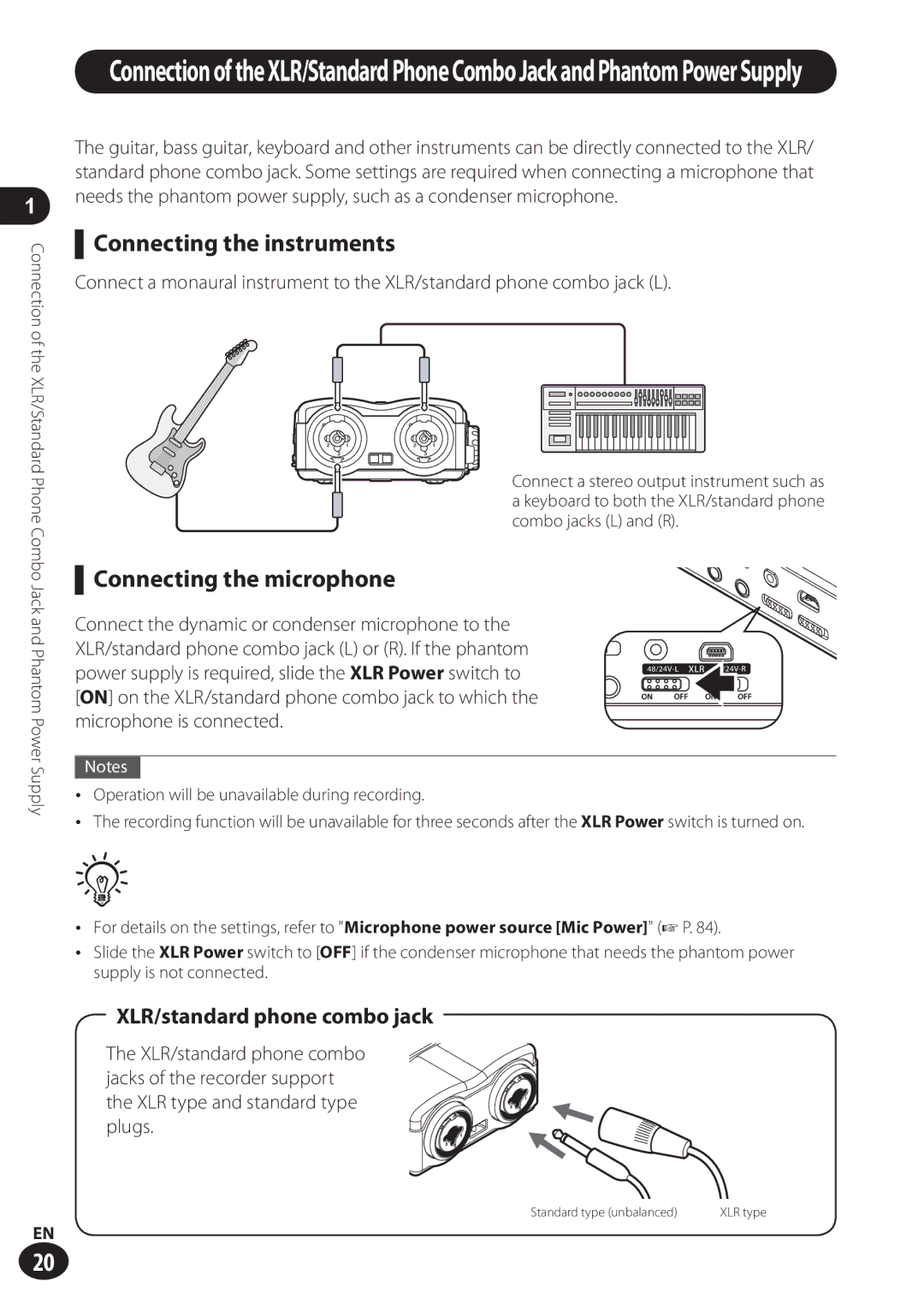 Olympus LS-100 user manual Connecting the instruments, Connecting the microphone, XLR/standard phone combo jack 