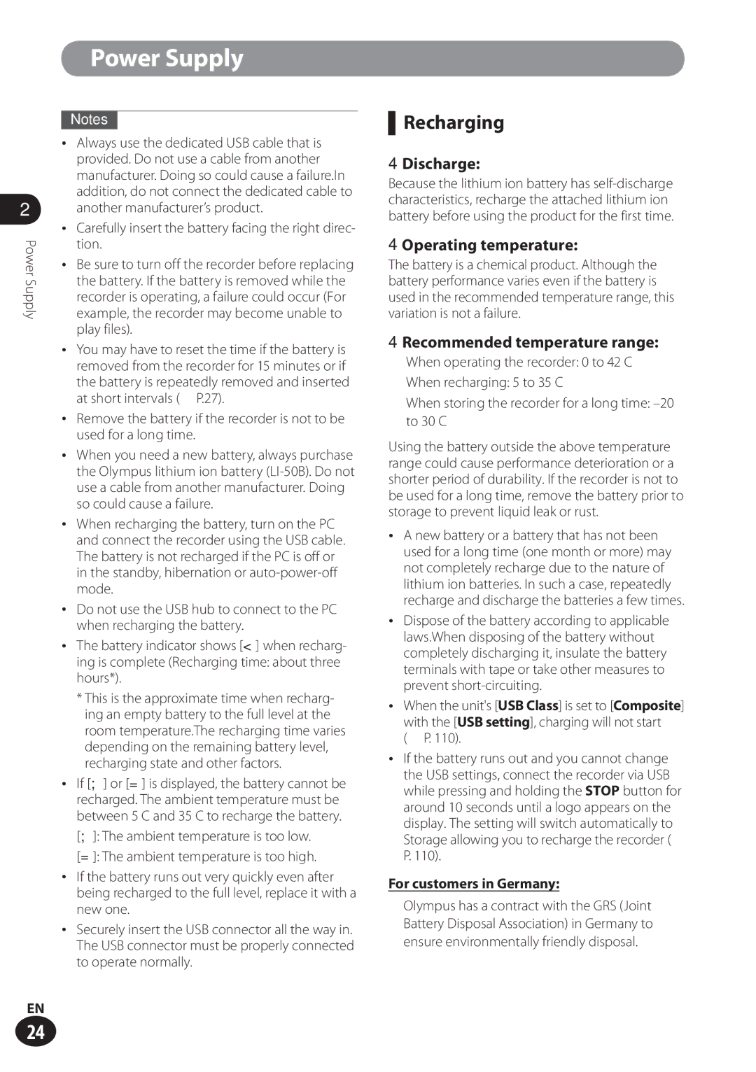 Olympus LS-100 user manual Recharging, 4Discharge, 4Operating temperature, 4Recommended temperature range 