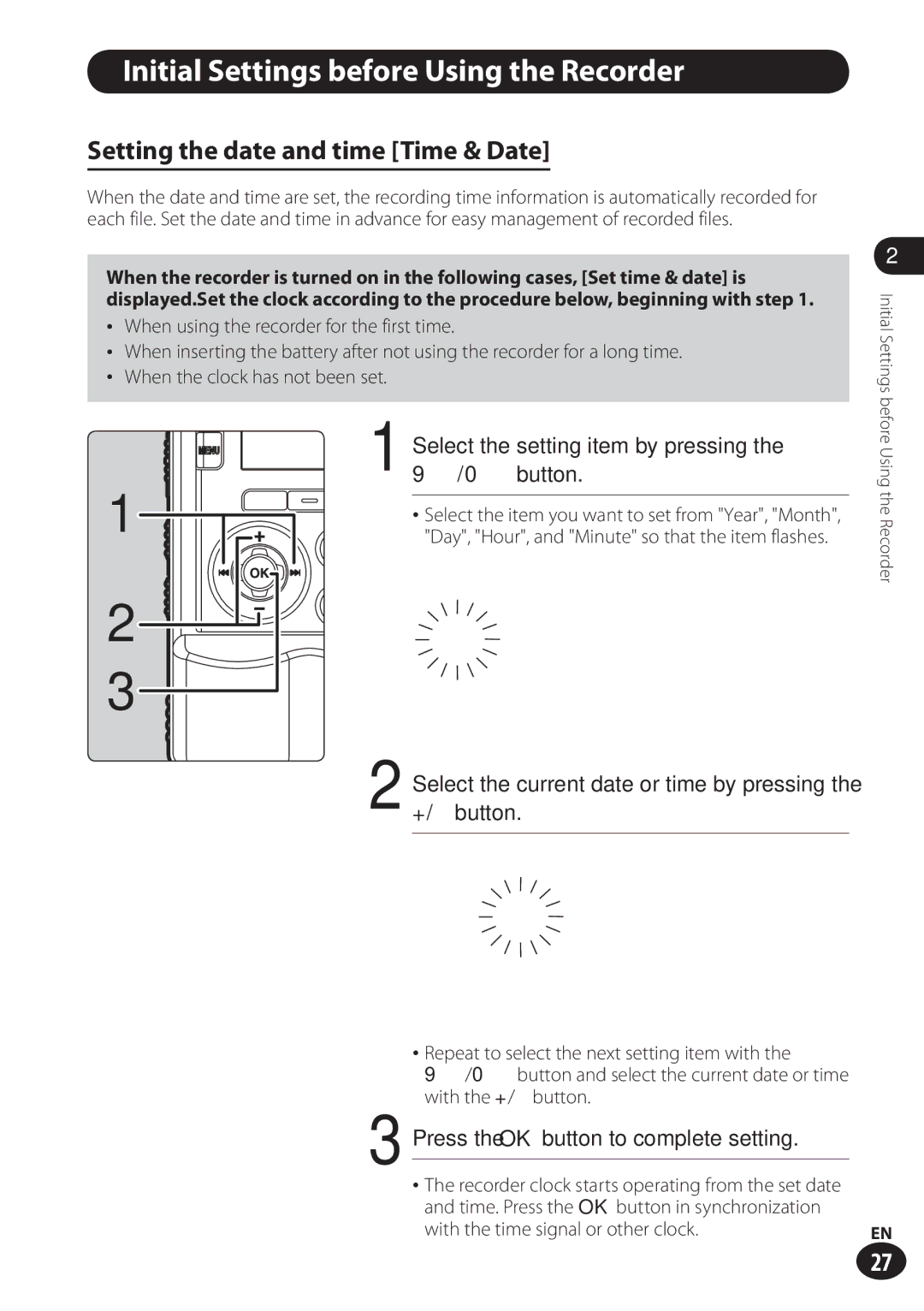 Olympus LS-100 user manual Initial Settings before Using the Recorder, Setting the date and time Time & Date 