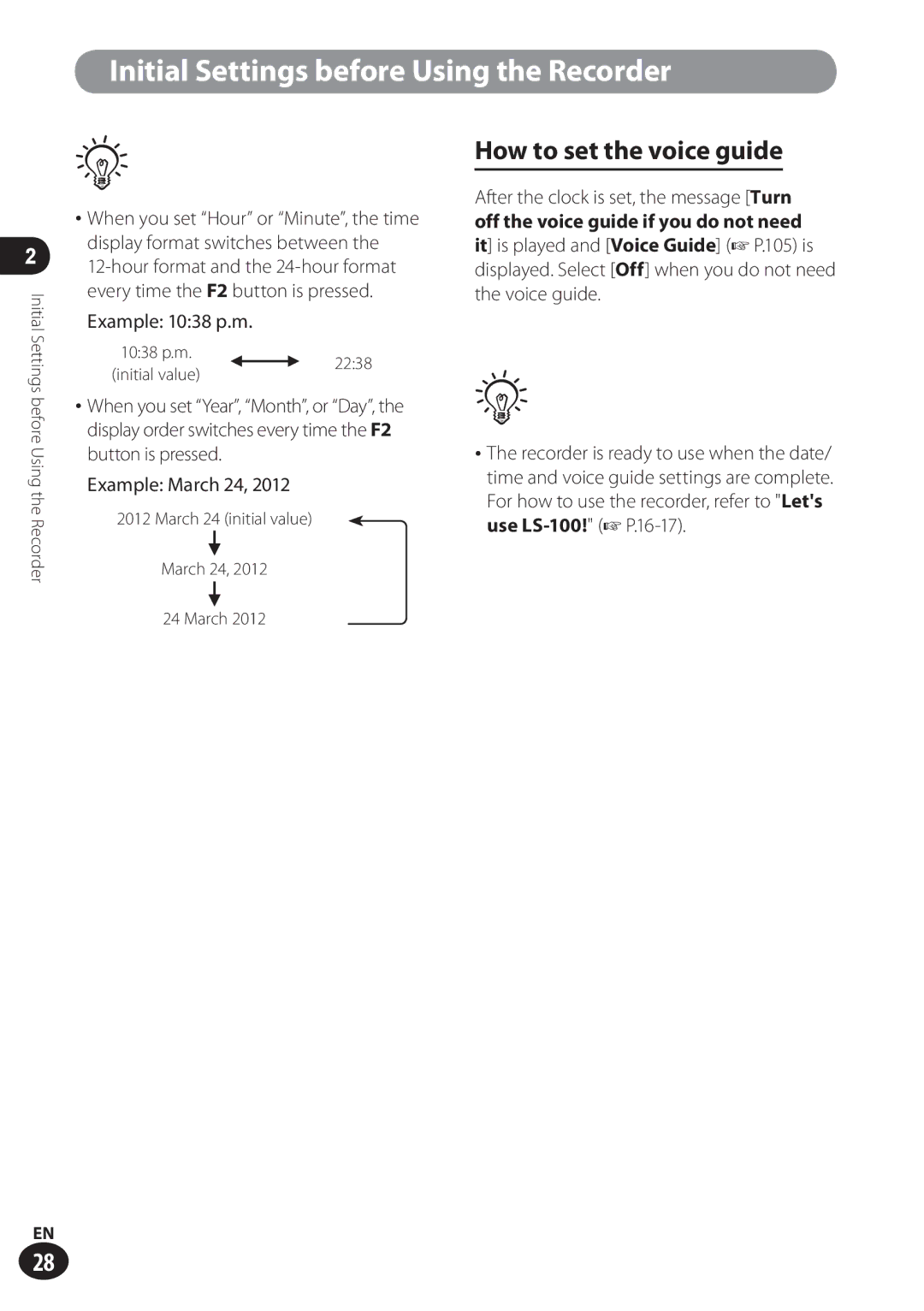 Olympus LS-100 How to set the voice guide, Example 1038 p.m, 1038 p.m 2238 Initial value, March 24 initial value 