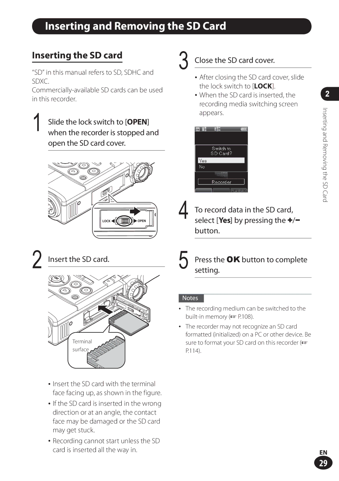 Olympus LS-100 user manual Inserting and Removing the SD Card, Inserting the SD card, Card is inserted all the way 