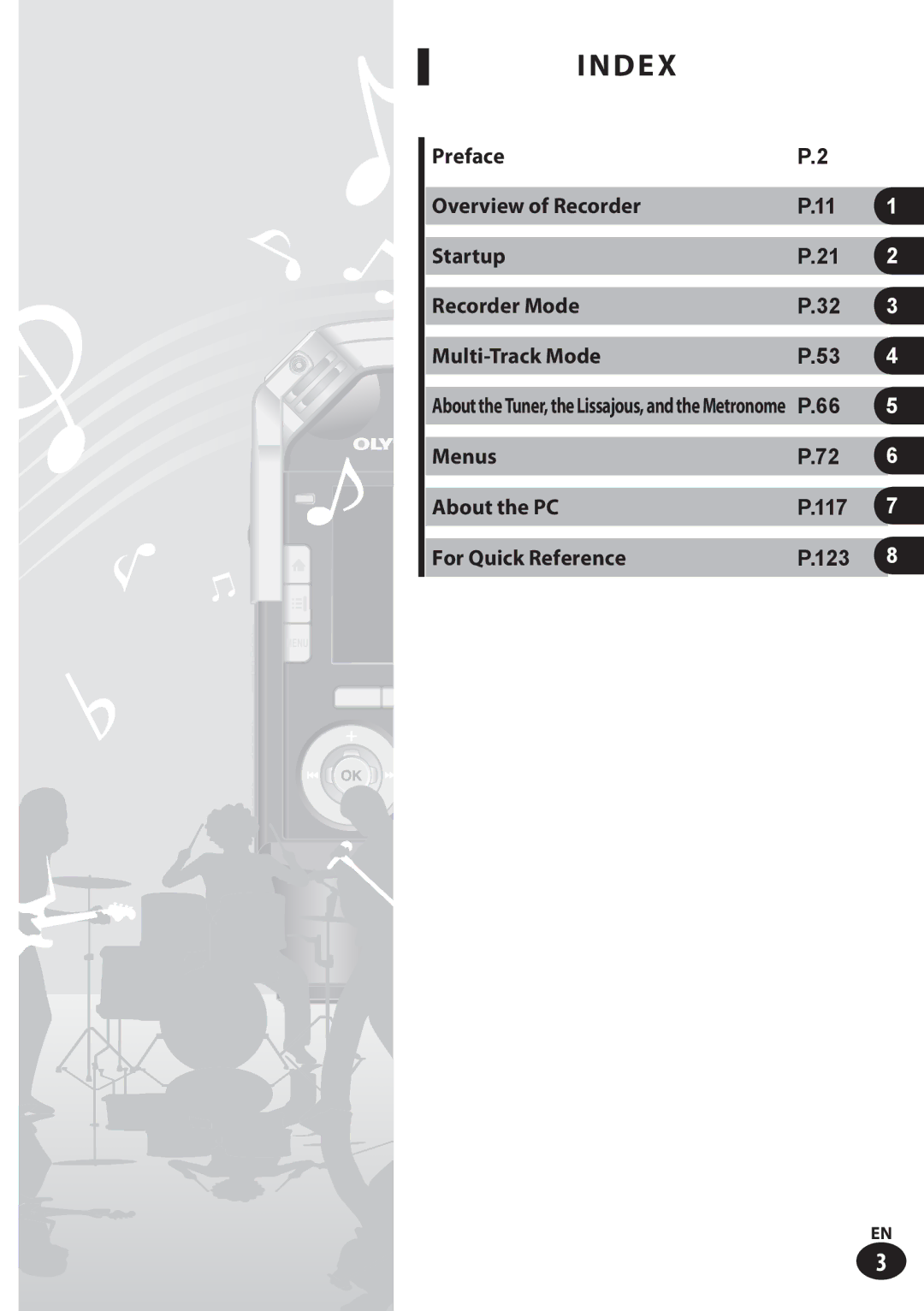 Olympus LS-100 user manual Index, Menus About the PC 117 For Quick Reference 123 