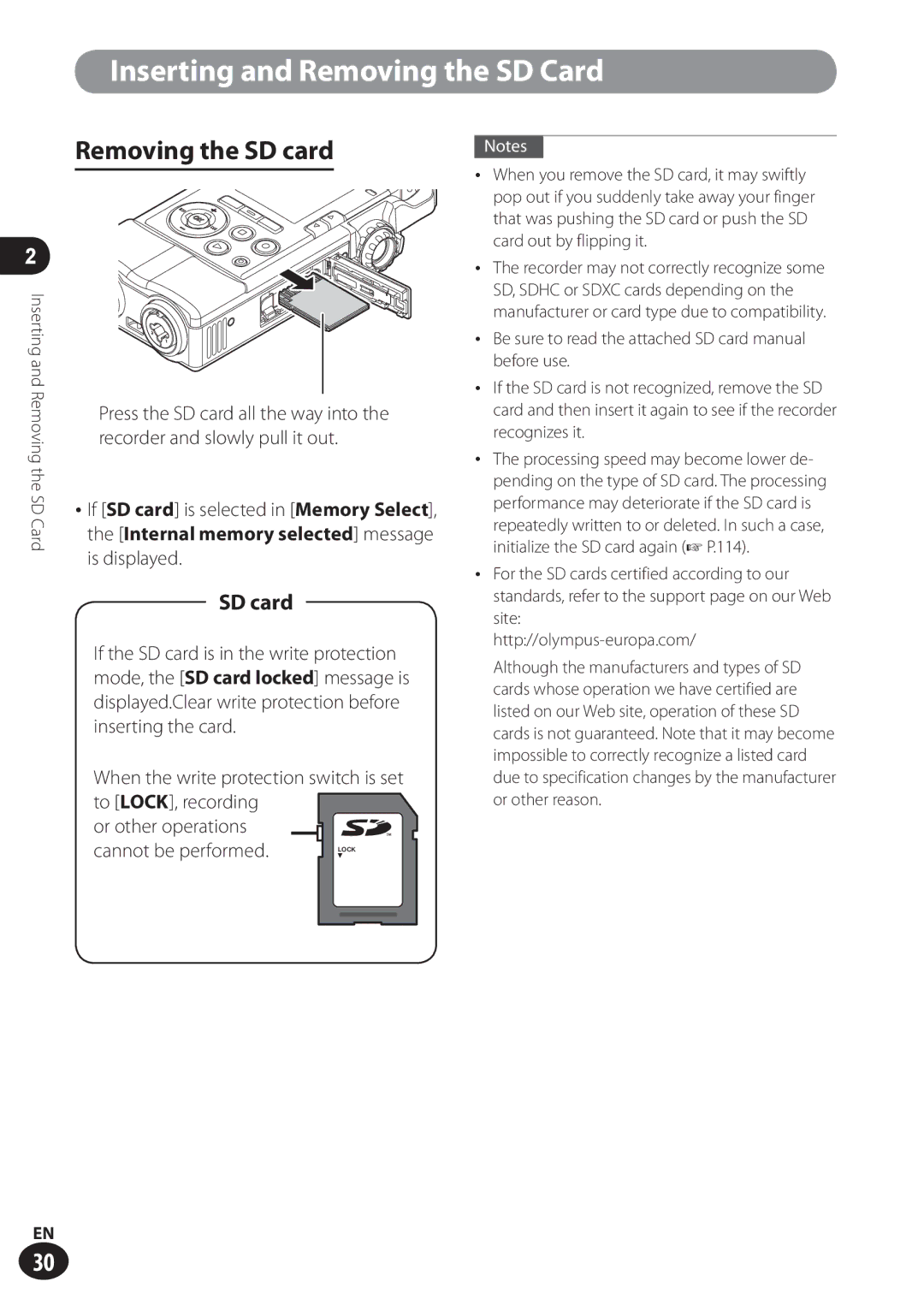 Olympus LS-100 user manual Removing the SD card 