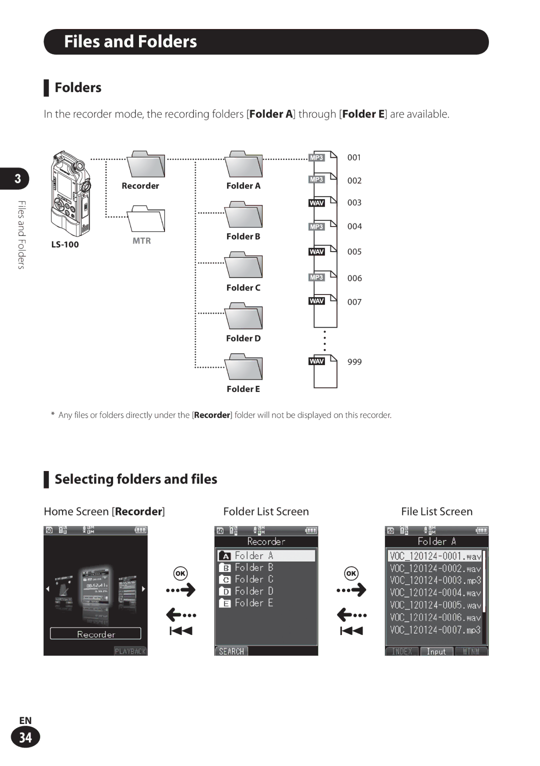 Olympus LS-100 user manual Files and Folders, Selecting folders and files, Folder List Screen 