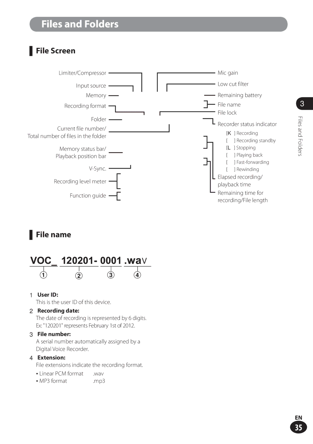 Olympus LS-100 user manual File Screen, File name, MP3 format 