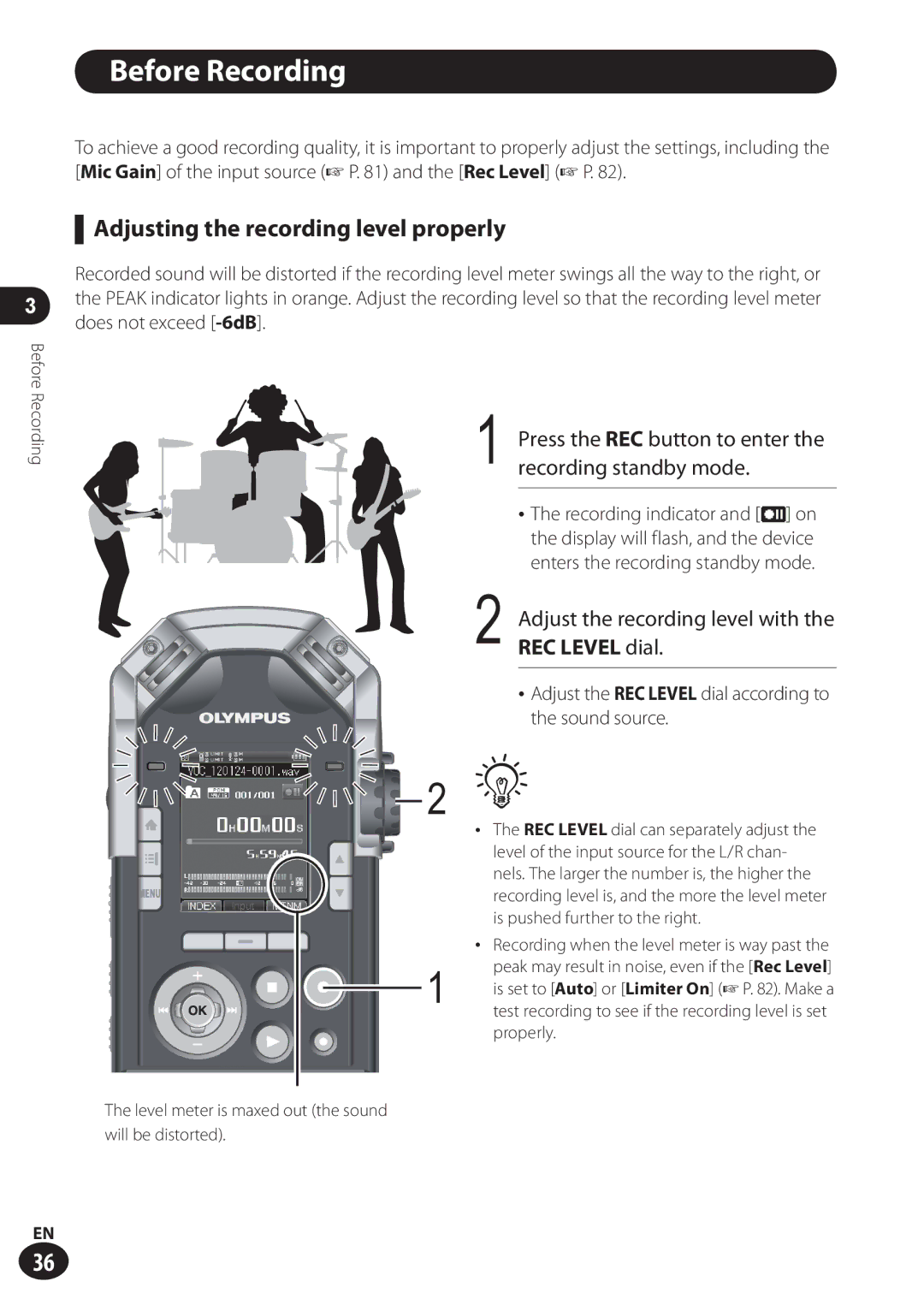 Olympus LS-100 user manual Before Recording, Adjusting the recording level properly, Recording standby mode, REC Level dial 