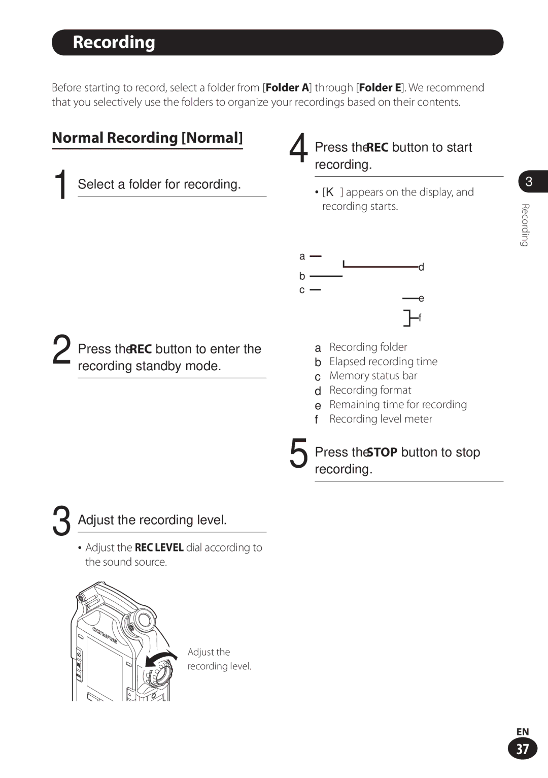 Olympus LS-100 user manual Normal Recording Normal 