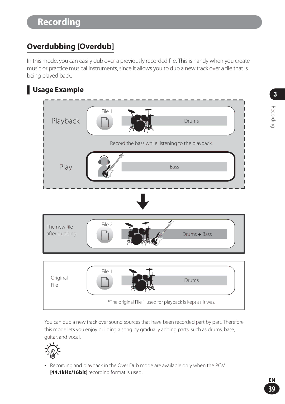 Olympus LS-100 user manual Overdubbing Overdub, Usage Example, Play 