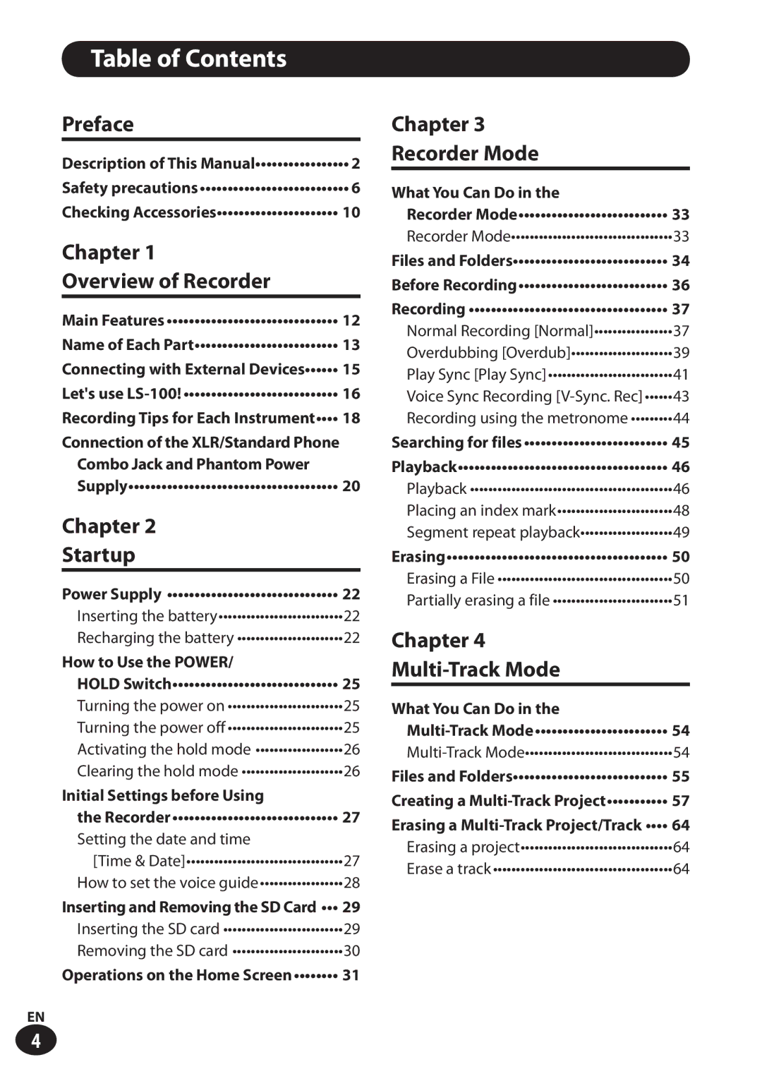 Olympus LS-100 user manual Table of Contents 