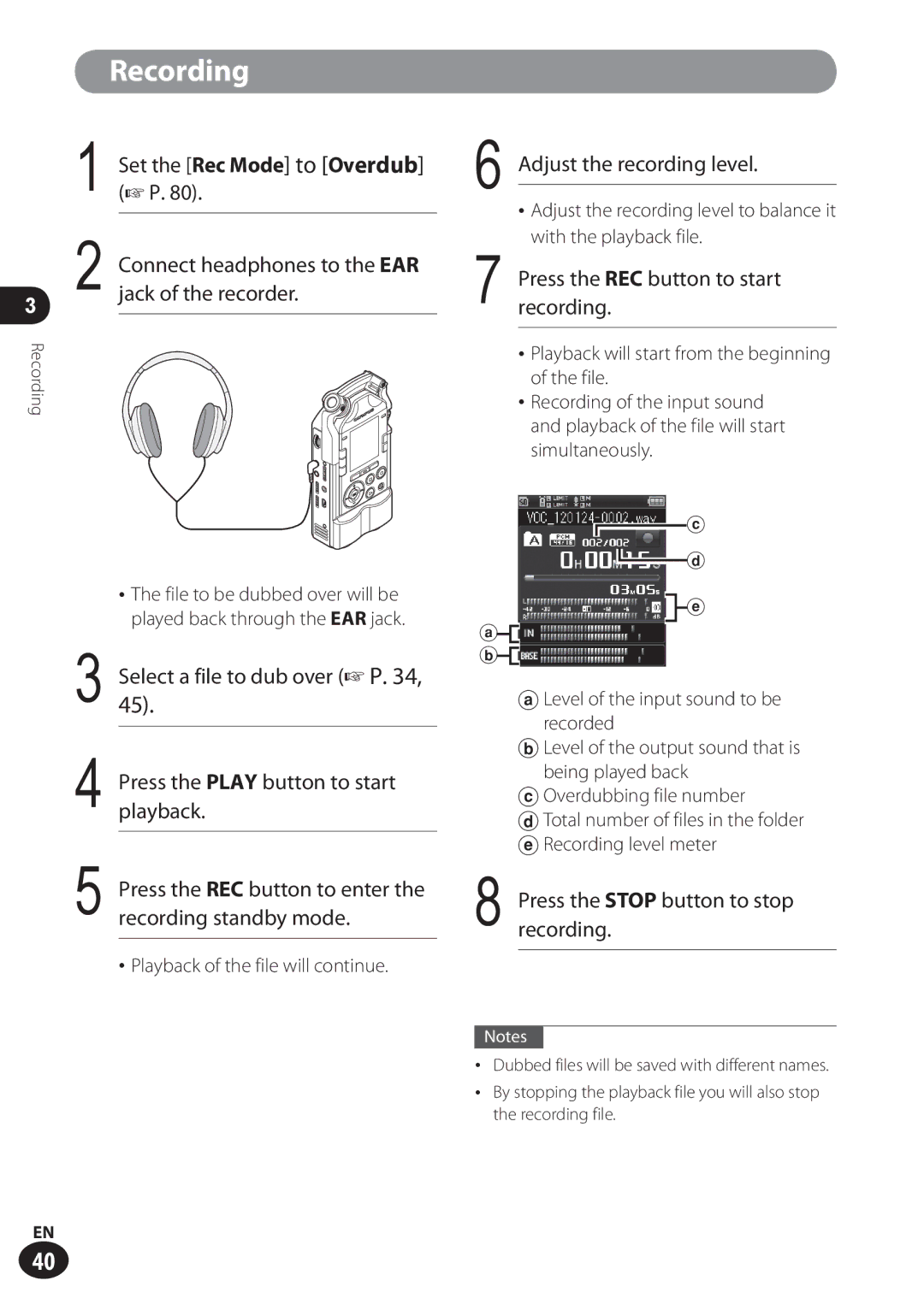 Olympus LS-100 Set the Rec Mode to Overdub, Press the REC button to start recording, File to dub over P, Playback 