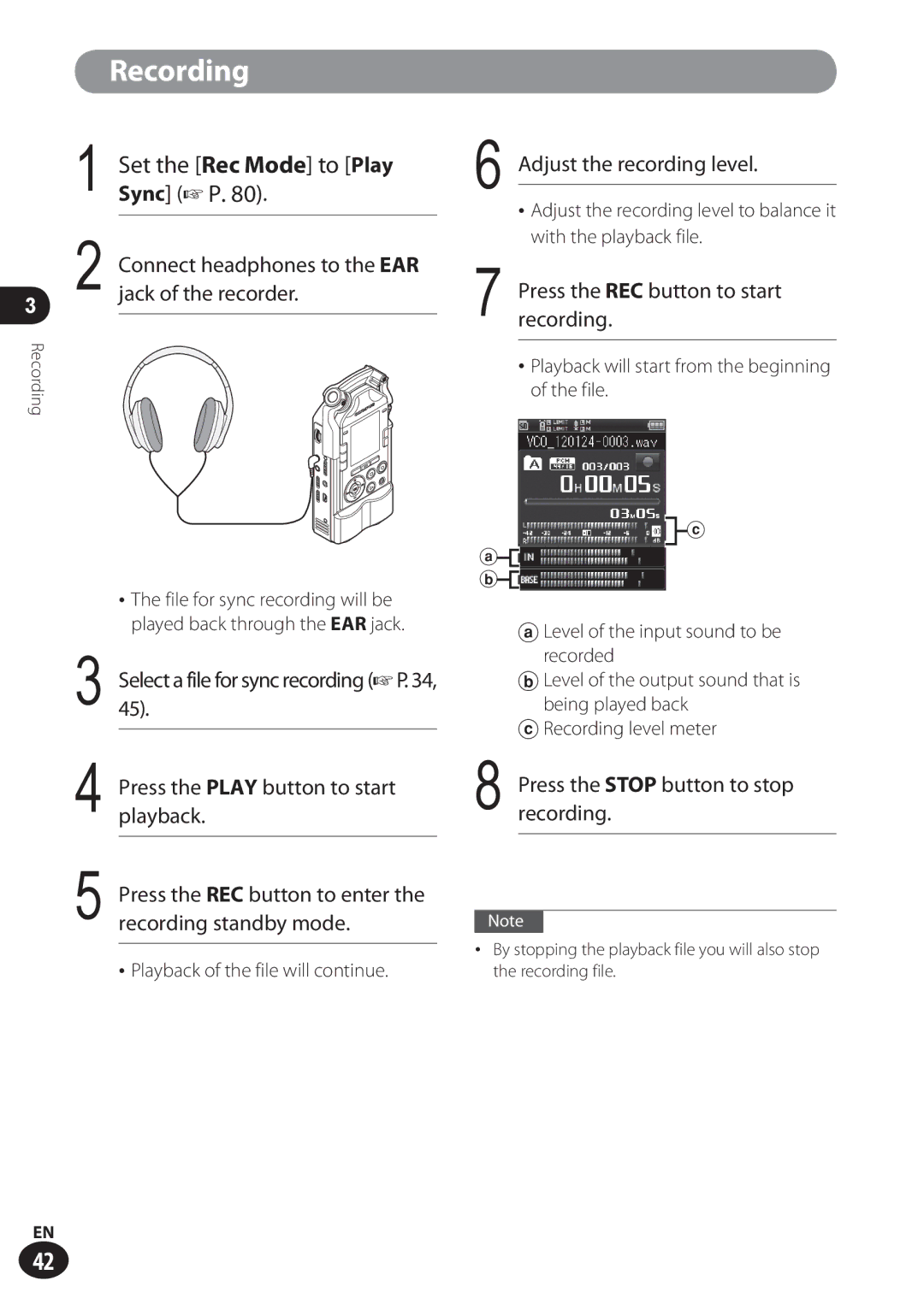 Olympus LS-100 With the playback file, CRecording level meter, Adjust the recording level to balance it, Recording file 