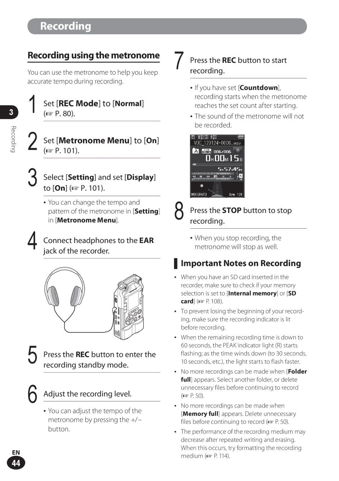 Olympus LS-100 user manual Important Notes on Recording, Recording using the metronome, Set Metronome Menu to On 