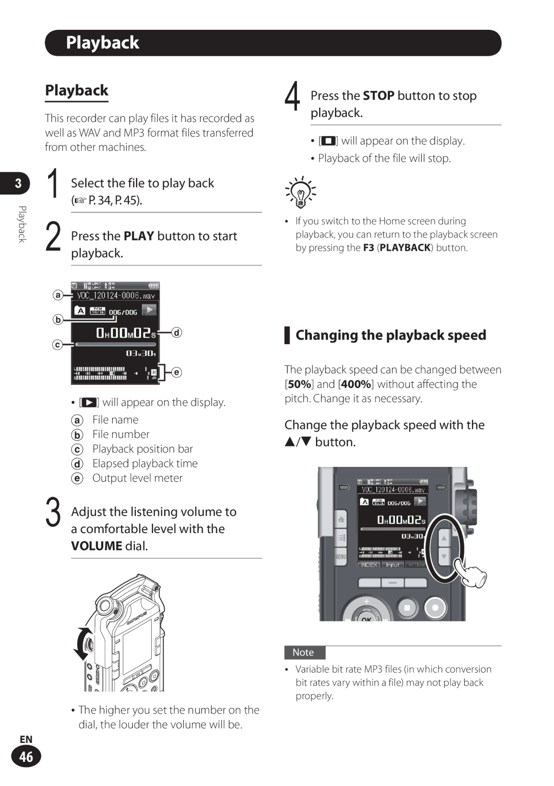 Olympus LS-100 user manual Playback, Changing the playback speed, Volume dial 