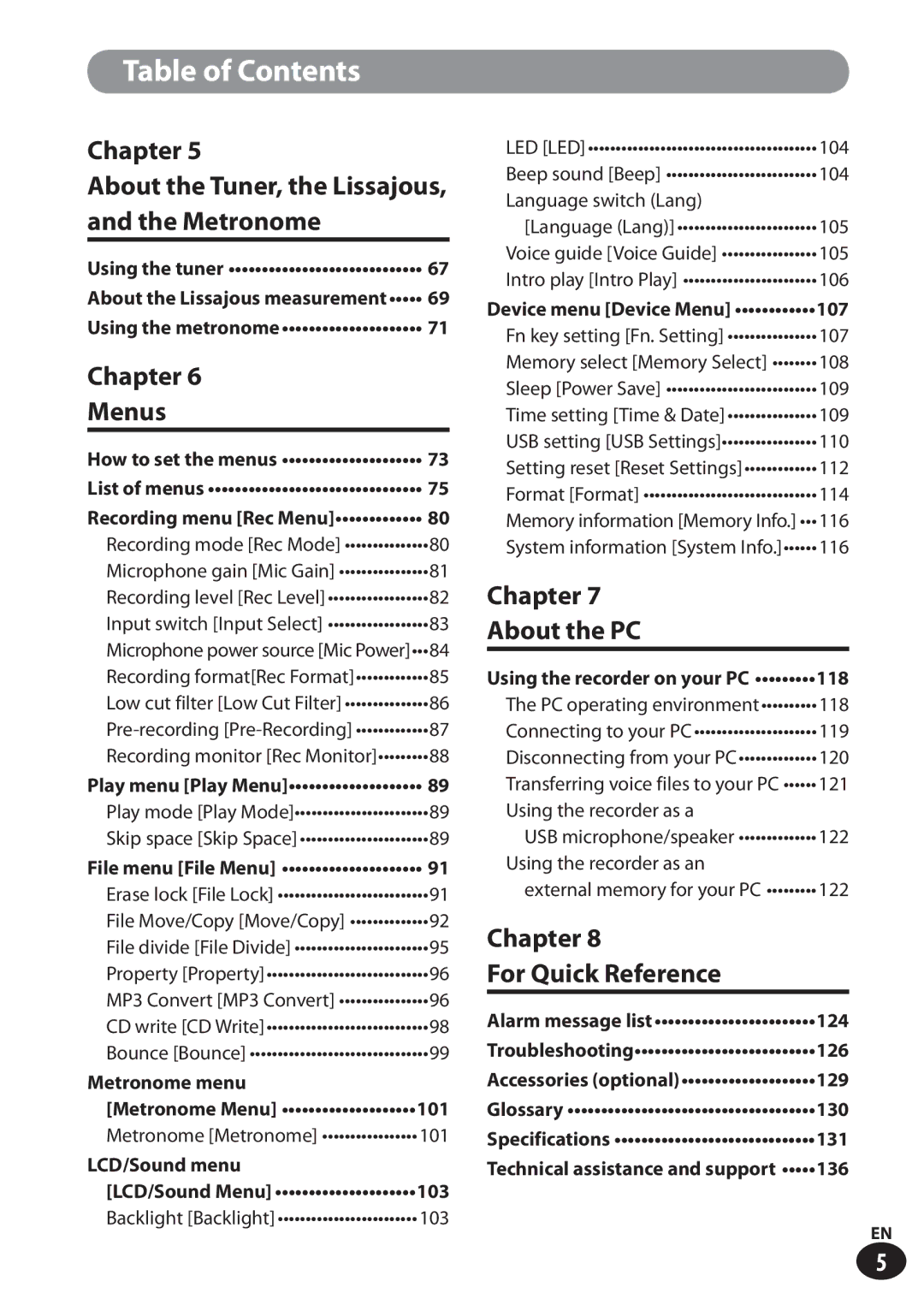 Olympus LS-100 user manual Chapter About the Tuner, the Lissajous Metronome, Chapter Menus, Chapter About the PC 