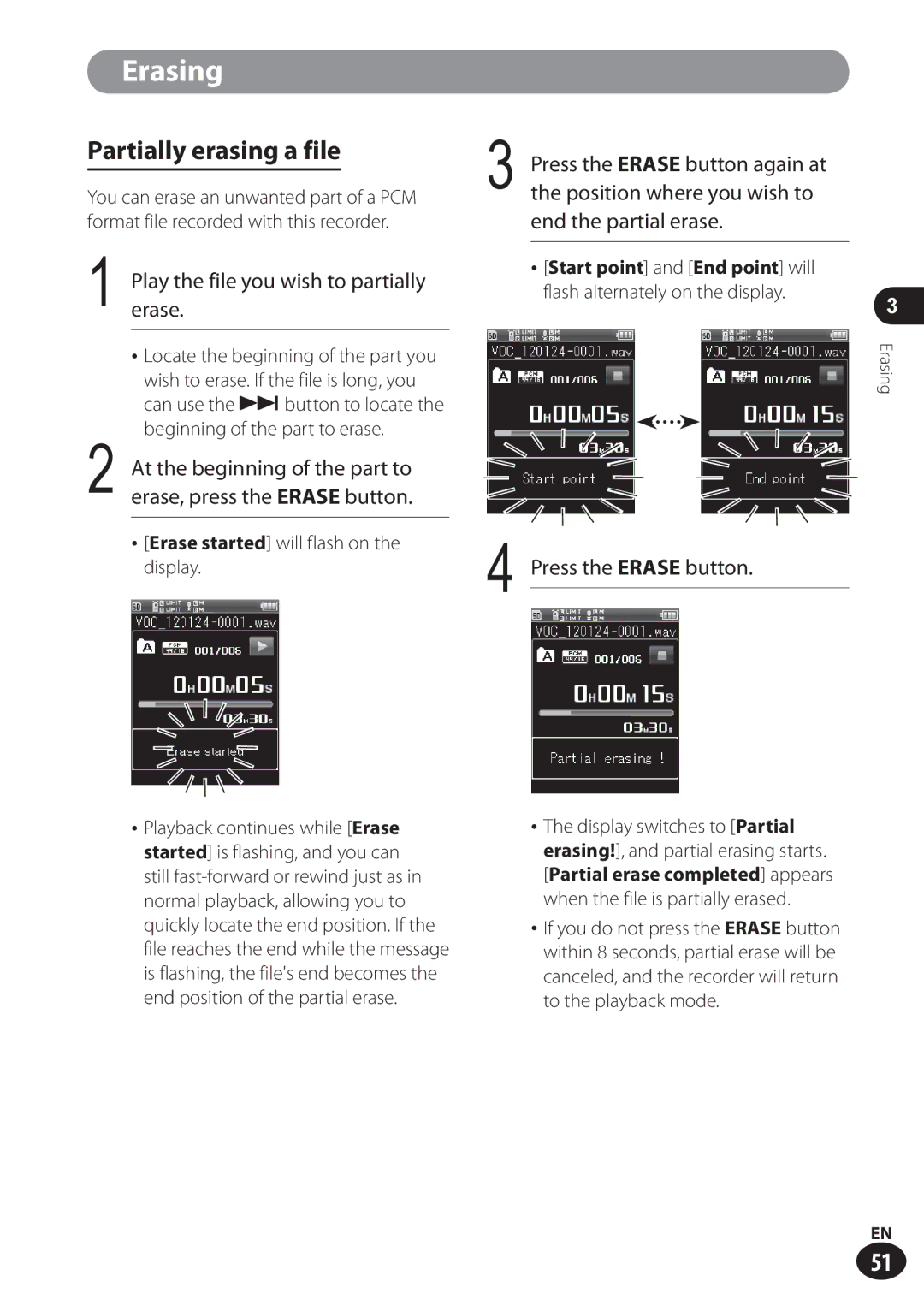 Olympus LS-100 Partially erasing a file, Playerase.the file you wish to partially, Start point and End point will 