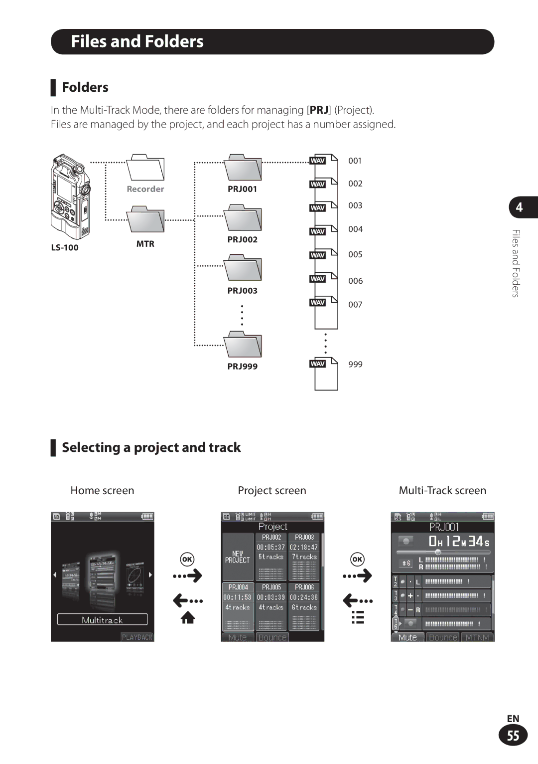 Olympus LS-100 user manual Selecting a project and track, Home screen Project screen, Multi-Track screen 