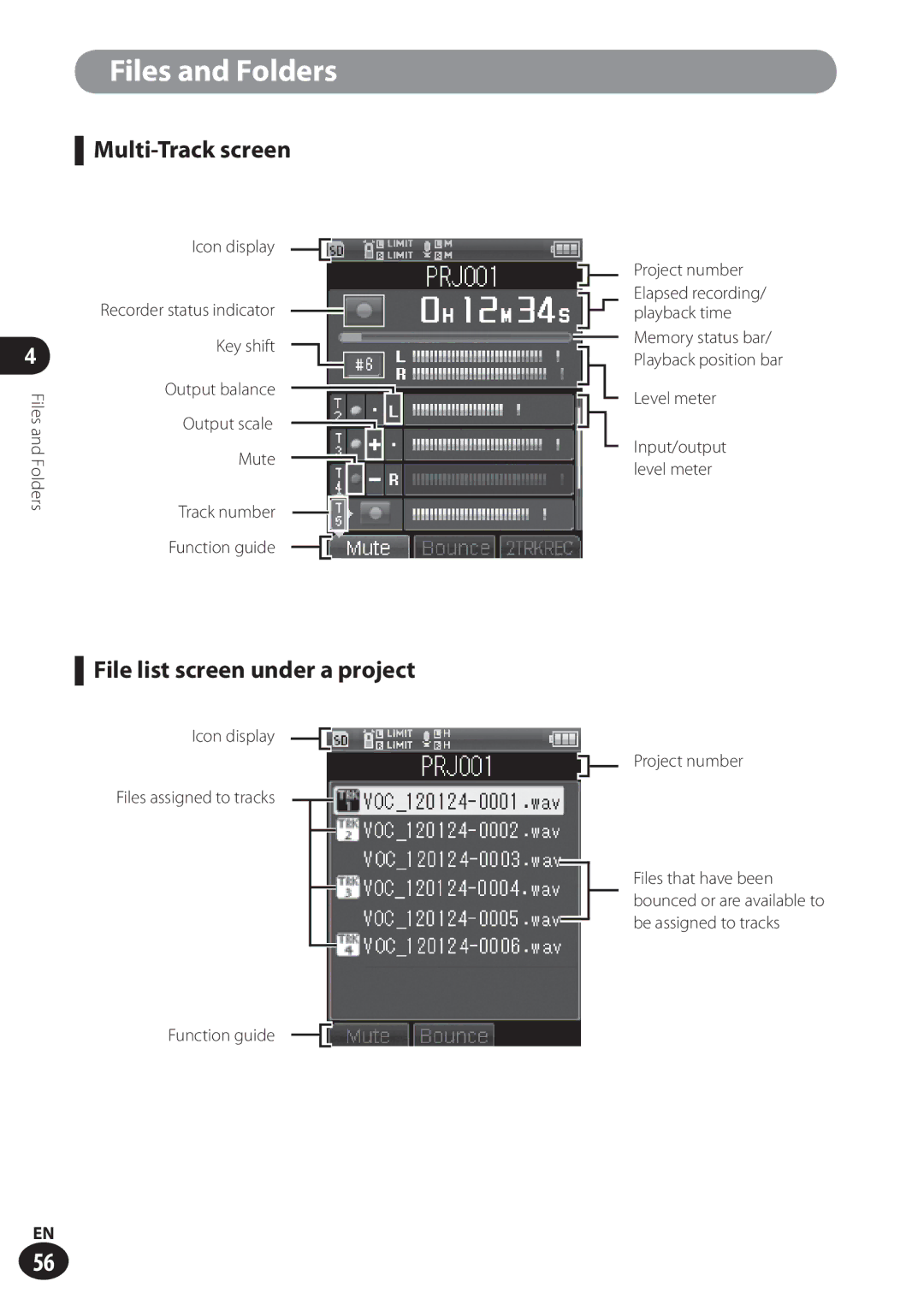 Olympus LS-100 user manual Multi-Track screen, File list screen under a project 