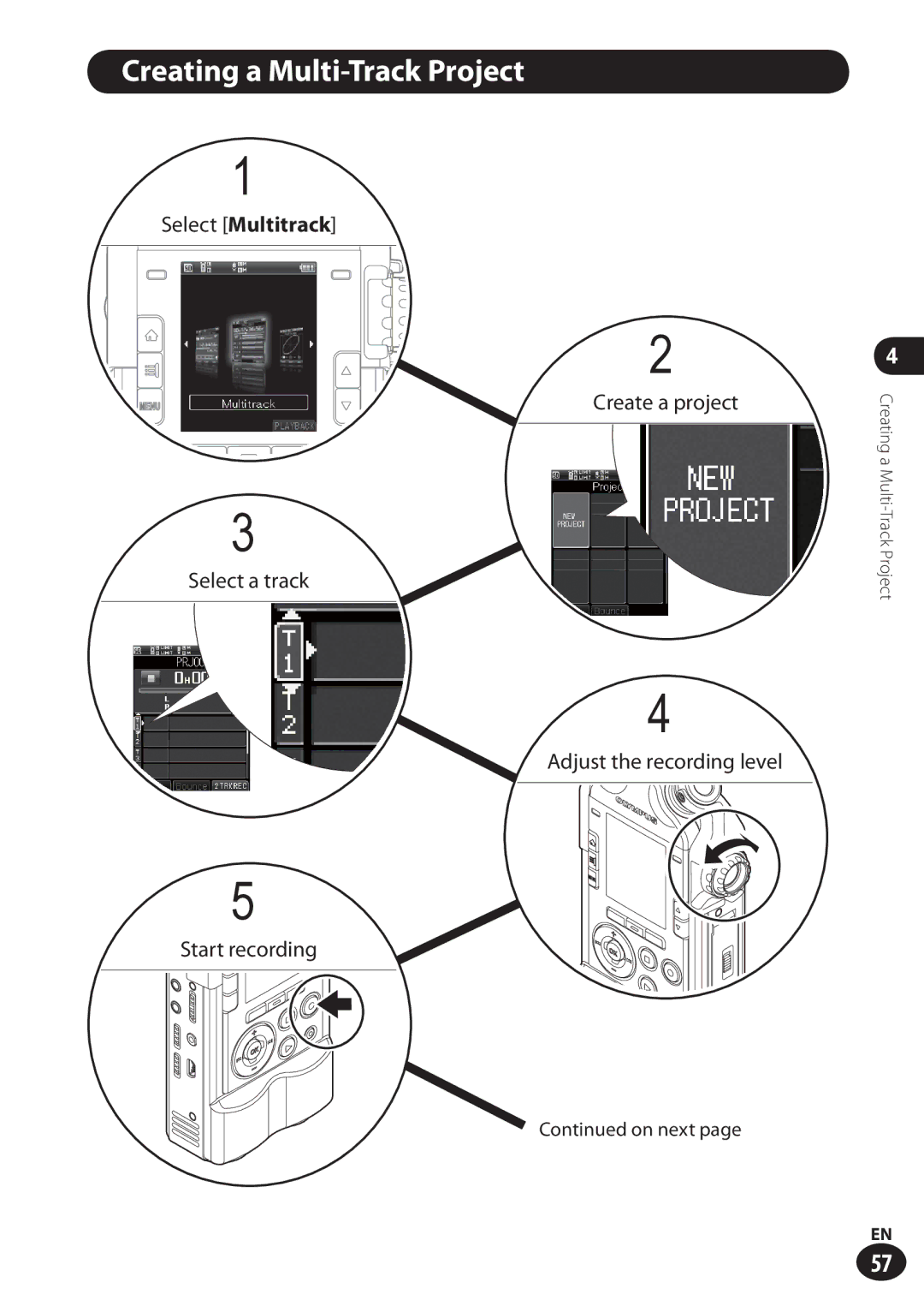 Olympus LS-100 user manual Creating a Multi-Track Project, Select Multitrack, On next 