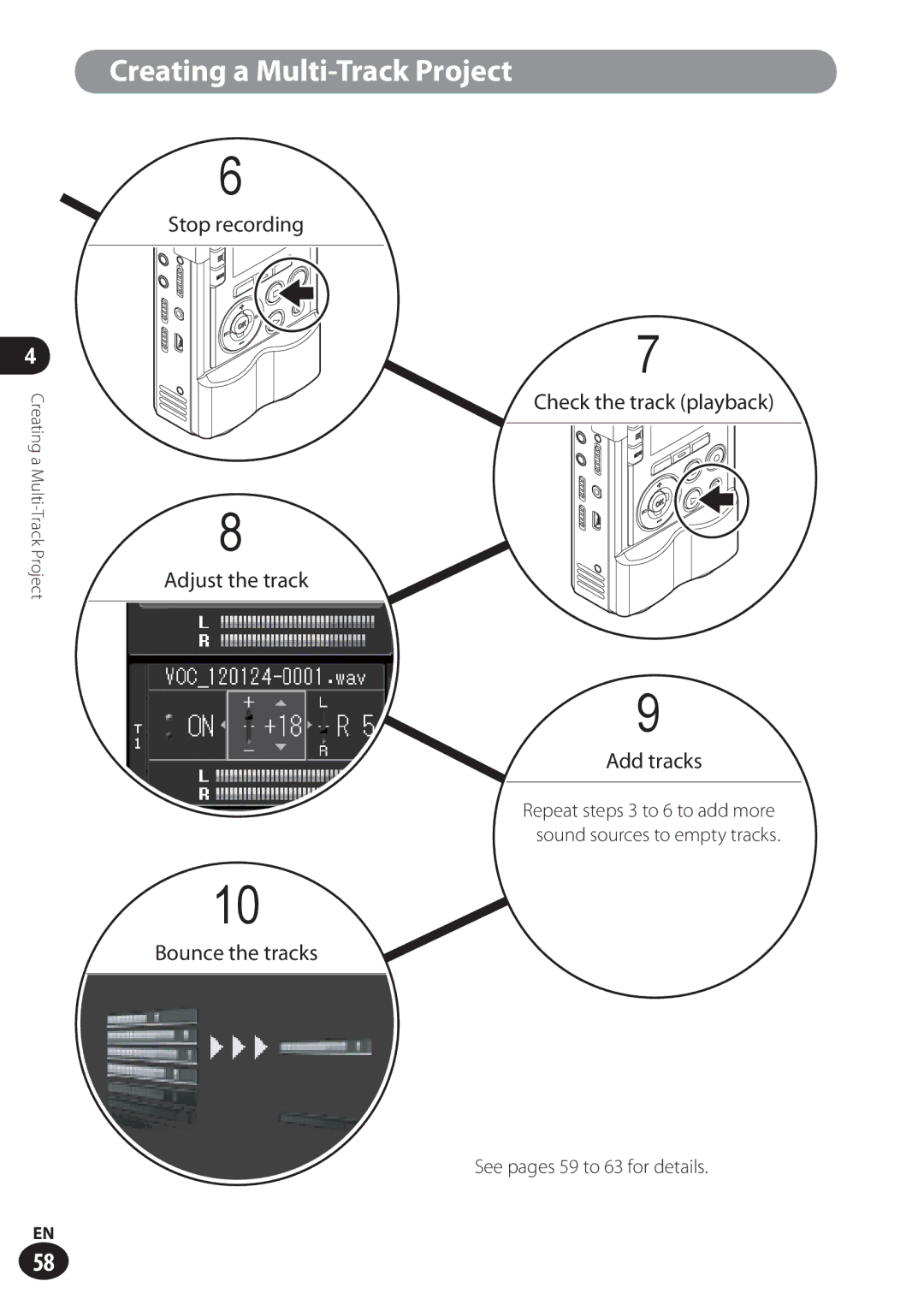 Olympus LS-100 user manual Bounce the tracks, See pages 59 to 63 for details 