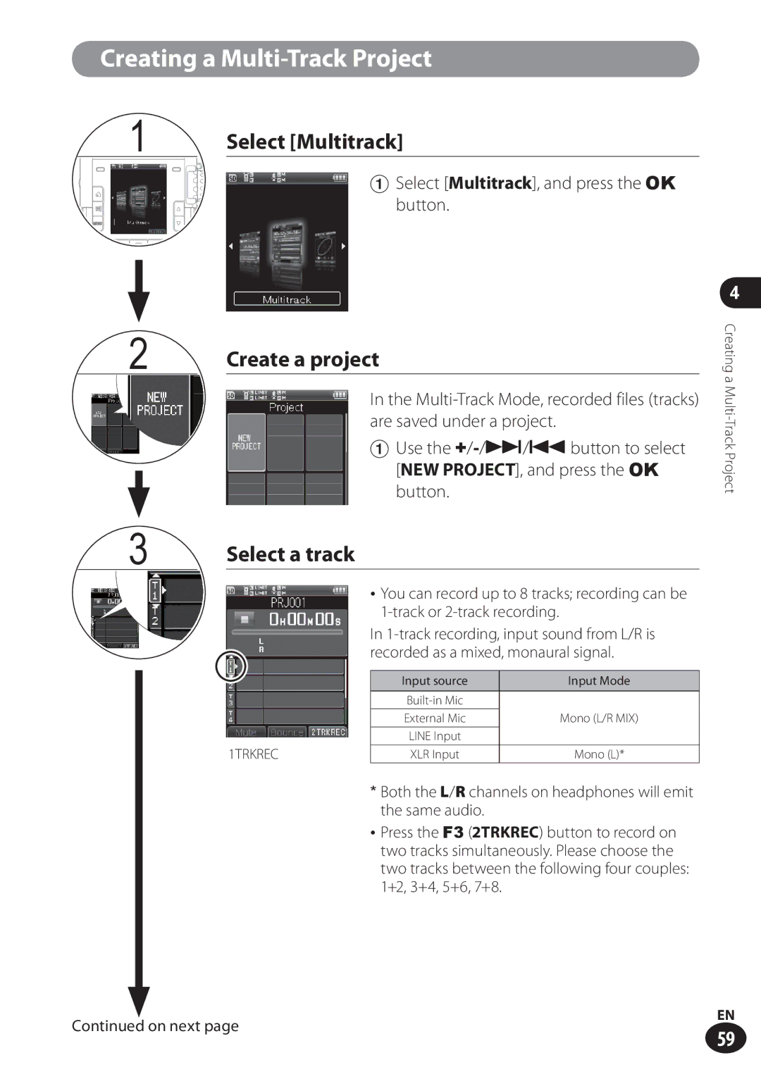 Olympus LS-100 user manual Select a track, Select Multitrack, and press the OK button 