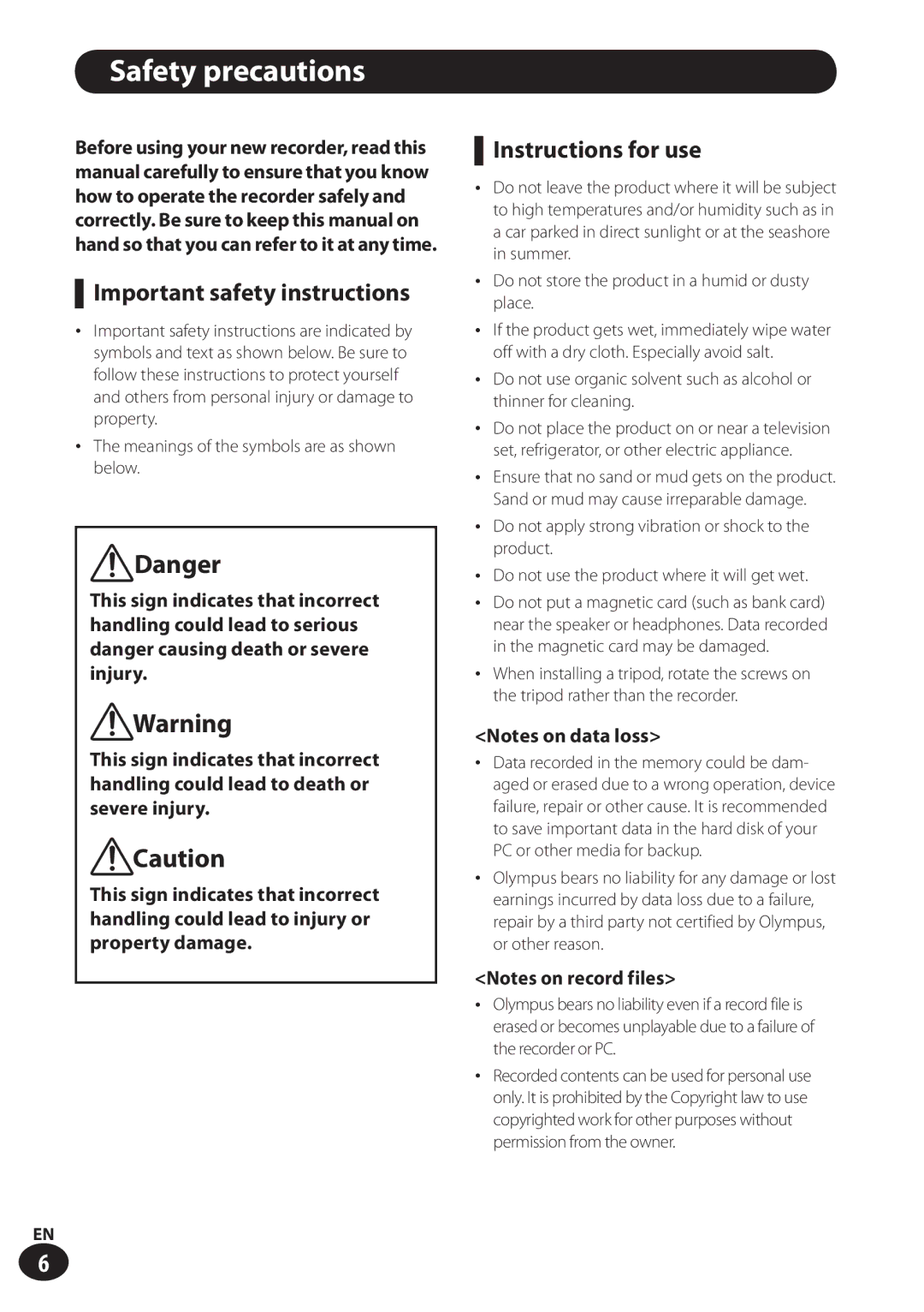 Olympus LS-100 user manual Safety precautions, FDanger, FWarning, FCaution 