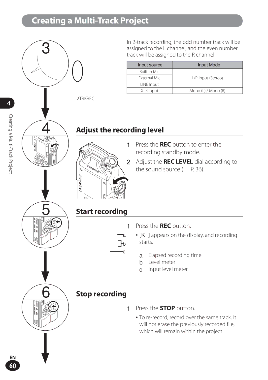 Olympus LS-100 user manual Adjust the recording level, Start recording, Stop recording 