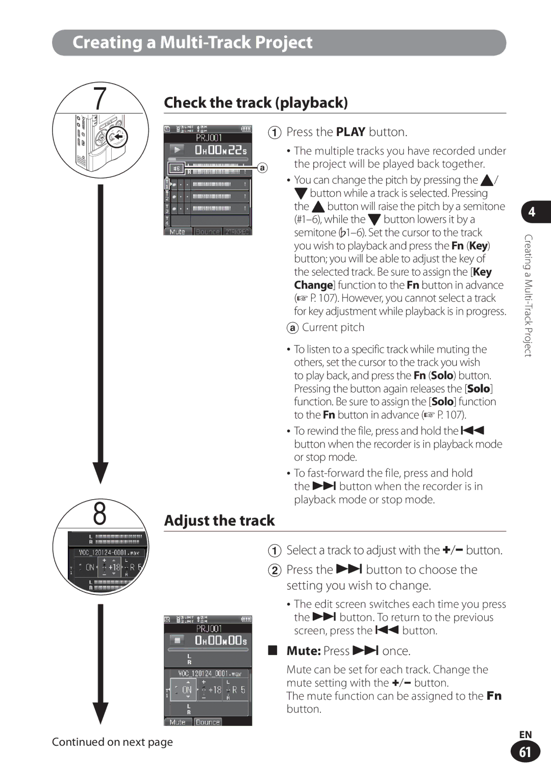 Olympus LS-100 user manual Check the track playback, Adjust the track, Press the Play button, Mute Press 9once 