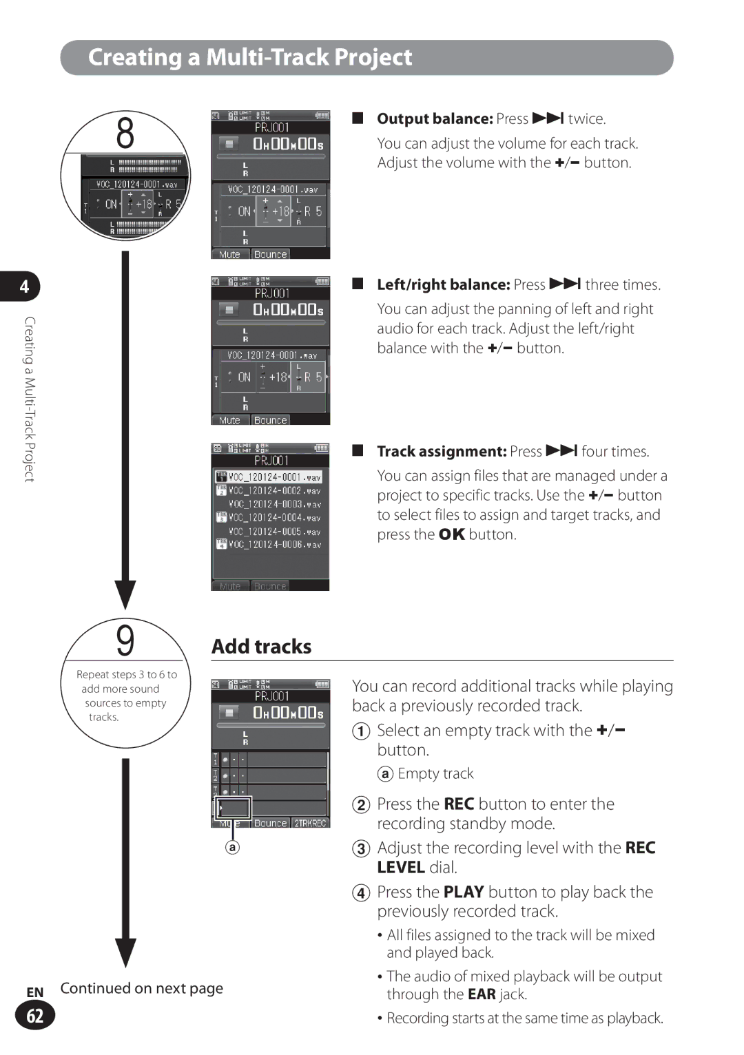 Olympus LS-100 user manual Add tracks, Output balance Press 9twice, Left/right balance Press 9three times 