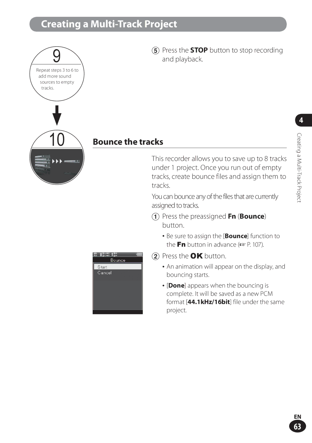 Olympus LS-100 user manual Bounce the tracks, Press the Stop button to stop recording and playback 