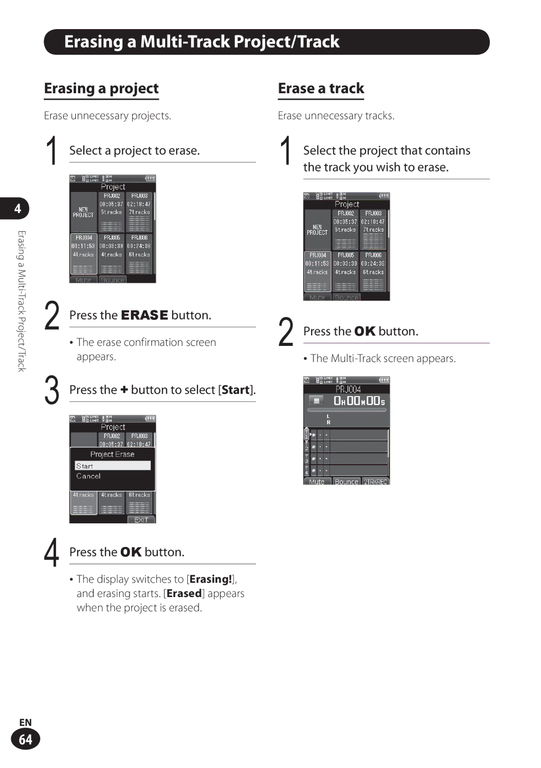 Olympus LS-100 user manual Erasing a Multi-Track Project/Track, Erasing a project, Erase a track 