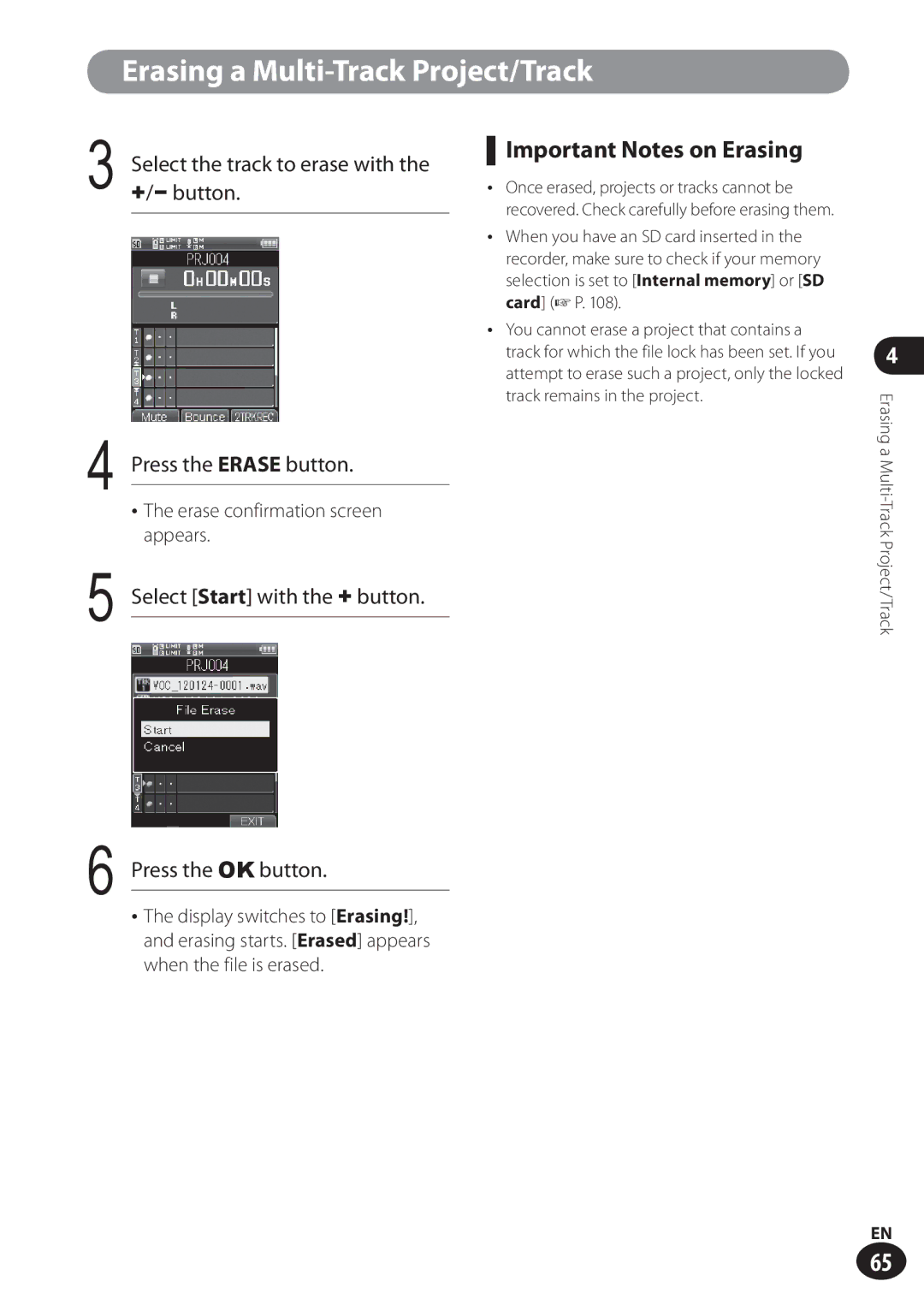 Olympus LS-100 user manual Select the track to erase with, +/− button, Select Start with the + button Press the OK button 