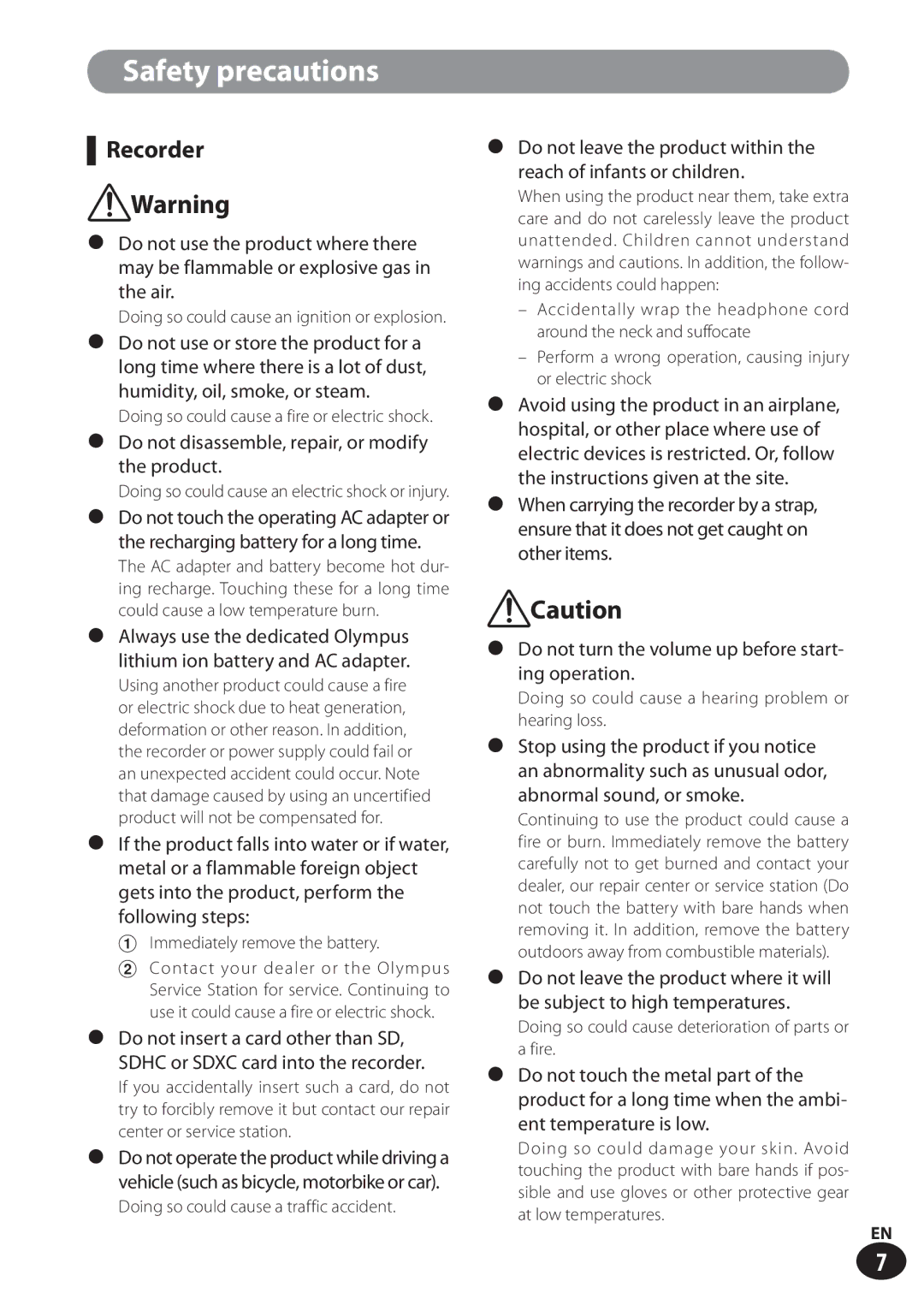 Olympus LS-100 user manual Recorder, Do not disassemble, repair, or modify the product 