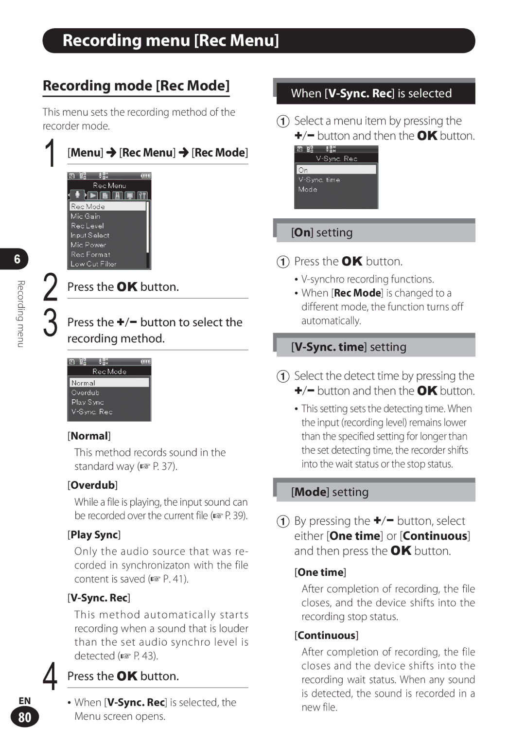 Olympus LS-100 user manual Recording menu Rec Menu, Recording mode Rec Mode, Menu Rec Menu Rec Mode, Sync. time setting 