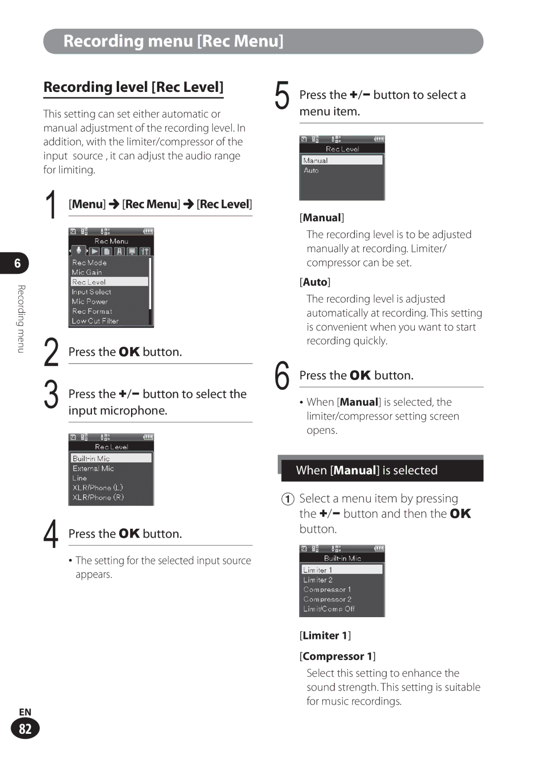 Olympus LS-100 user manual Recording level Rec Level, Menu Rec Menu Rec Level, Press the +/− button to select a menu item 