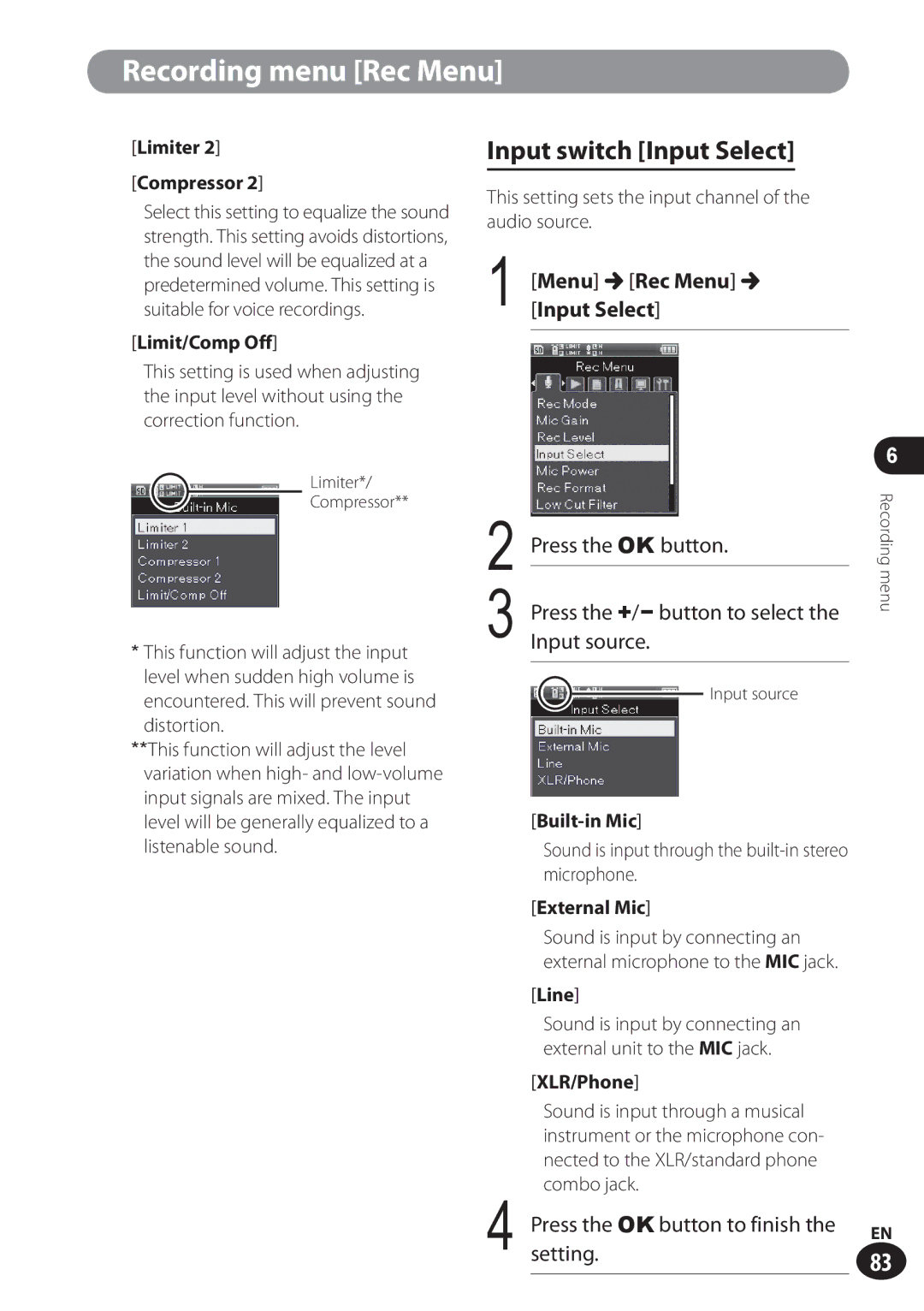 Olympus LS-100 user manual Input switch Input Select, Menu Rec Menu Input Select, Limit/Comp Off, Line, XLR/Phone 