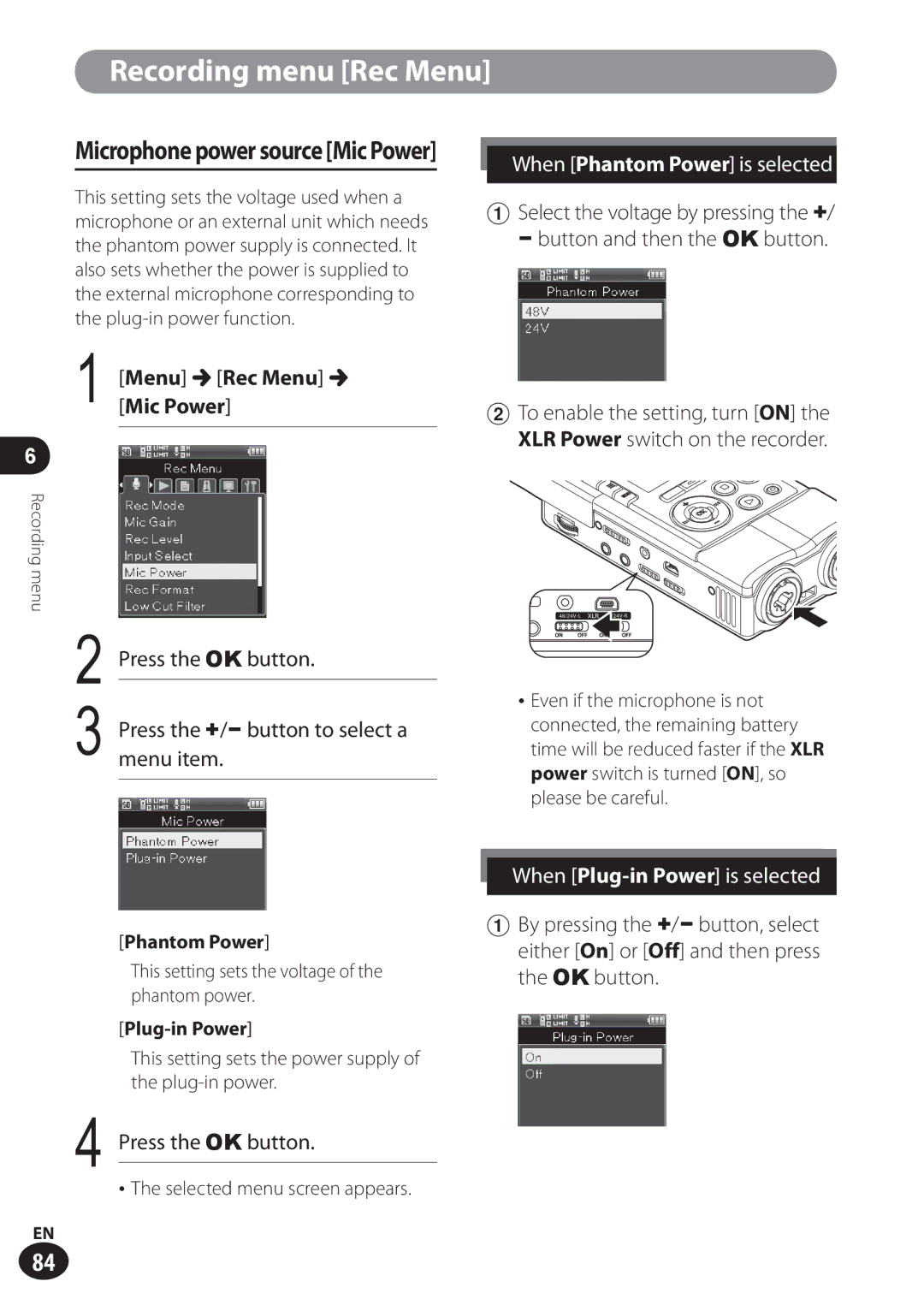 Olympus LS-100 user manual Microphone power source Mic Power, Menu Rec Menu Mic Power, Phantom Power, Plug-in Power 