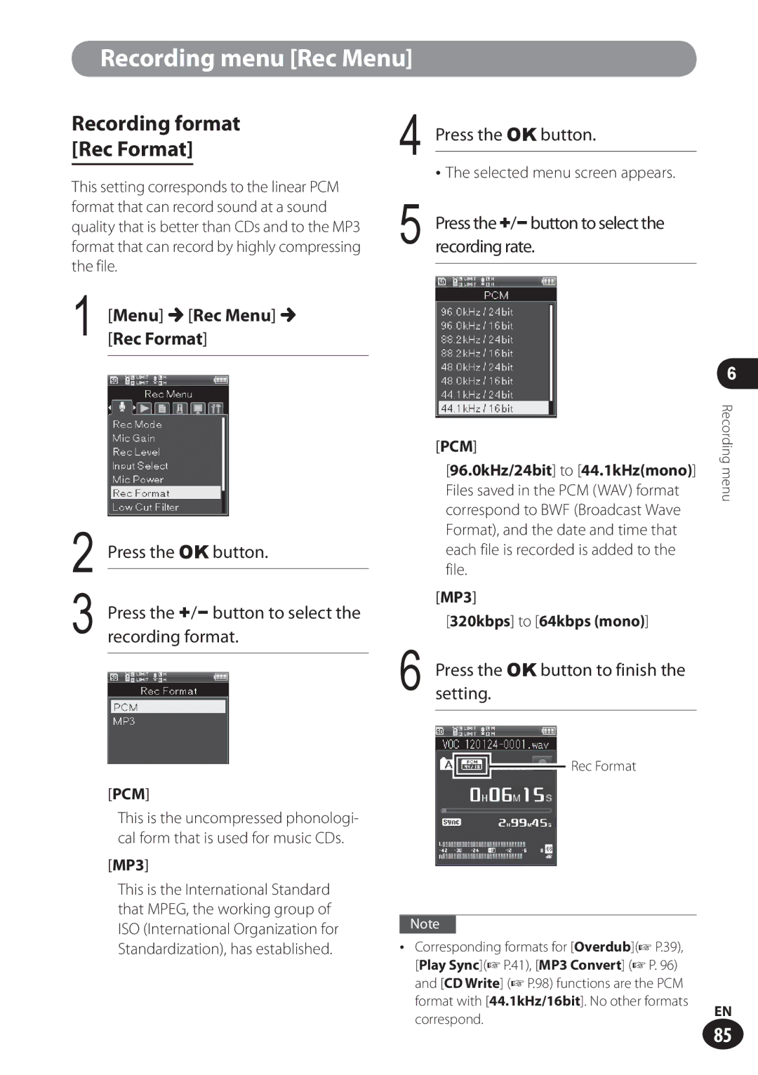 Olympus LS-100 Recording format Rec Format, Menu Rec Menu Rec Format, Press the +/− button to select the recording rate 