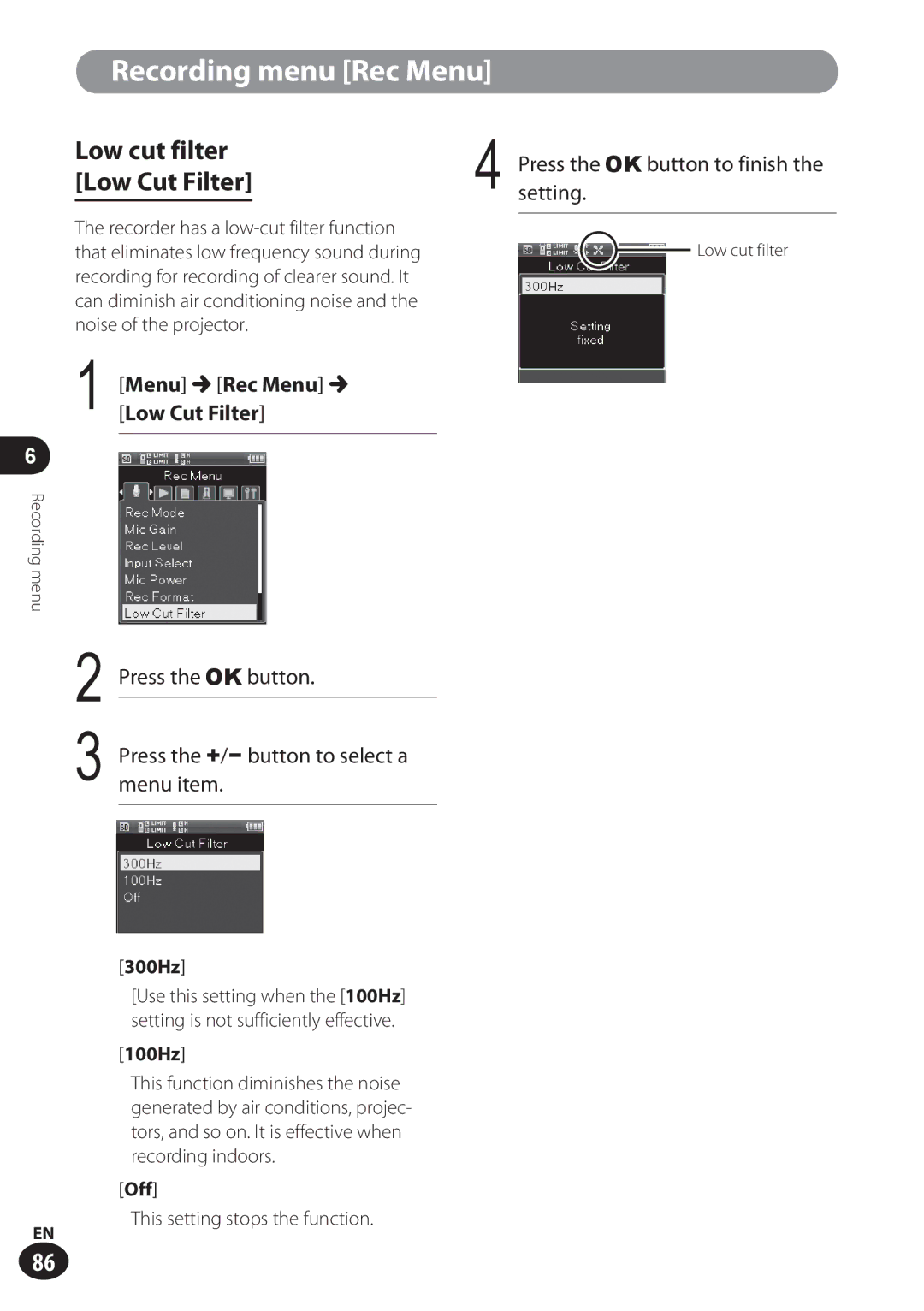 Olympus LS-100 user manual Low cut filter, Menu Rec Menu Low Cut Filter, 300Hz, 100Hz, Off 