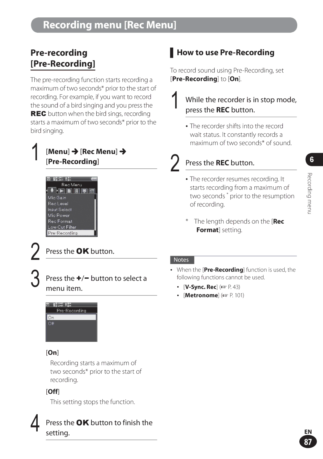 Olympus LS-100 user manual Pre-recording Pre-Recording, How to use Pre-Recording, Menu Rec Menu Pre-Recording 