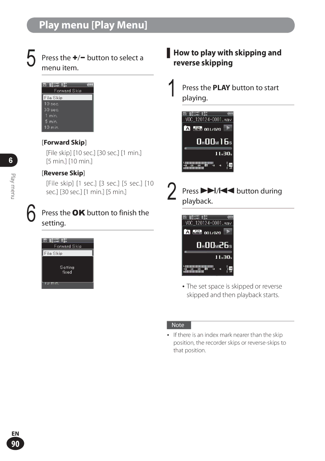 Olympus LS-100 How to play with skipping and reverse skipping, Press the OK button to finish, Min min, Sec sec min min 