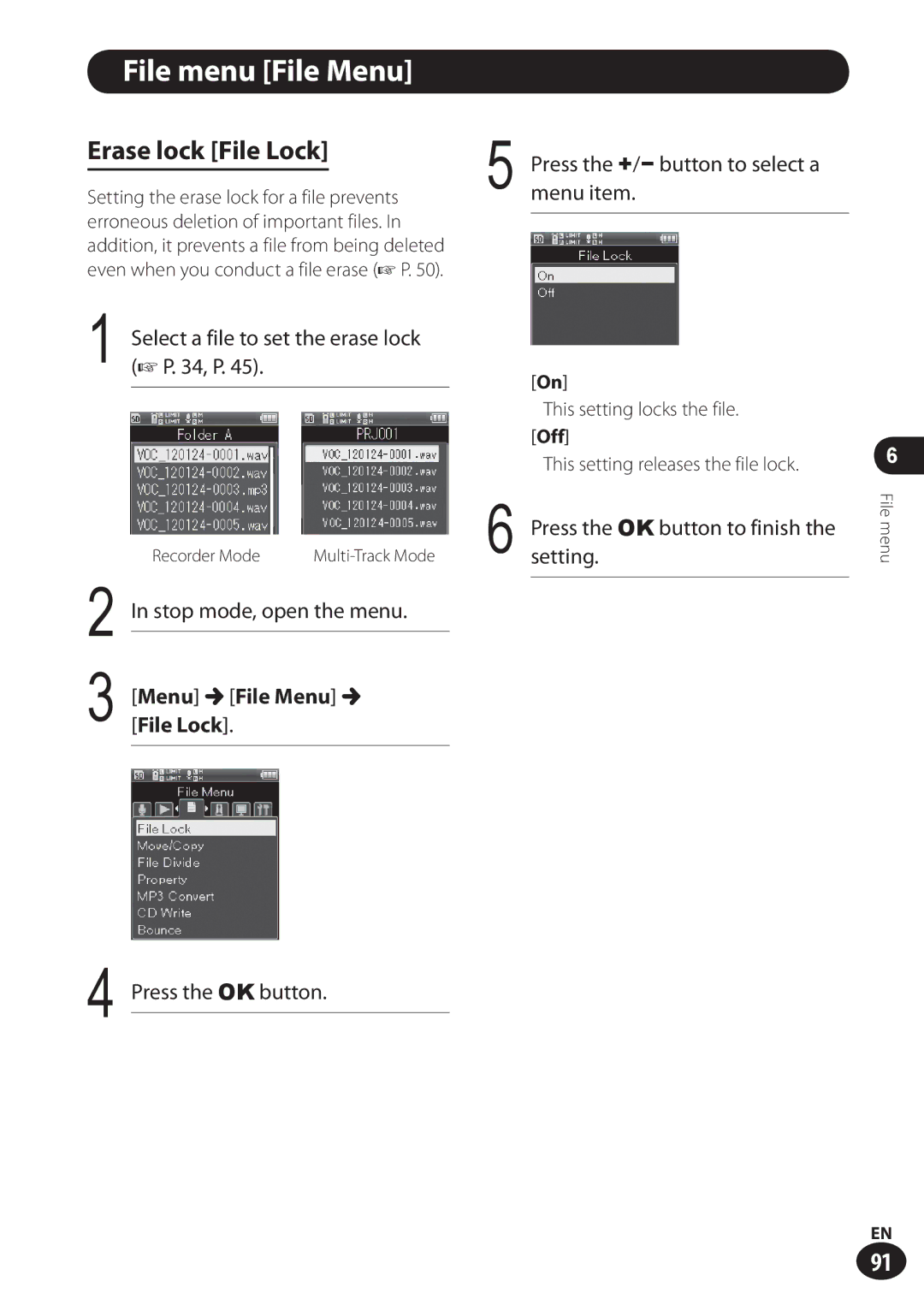 Olympus LS-100 File menu File Menu, Erase lock File Lock, Select a file to set the erase lock, Stop mode, open the menu 