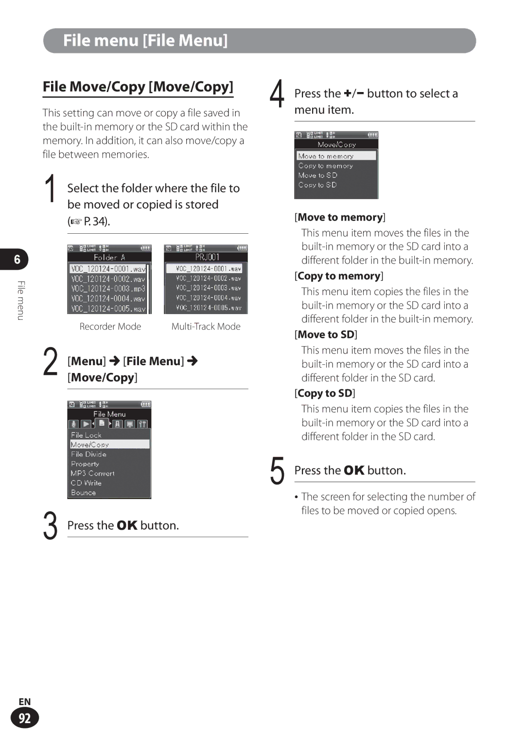 Olympus LS-100 user manual File Move/Copy Move/Copy, Menu File Menu Move/Copy 