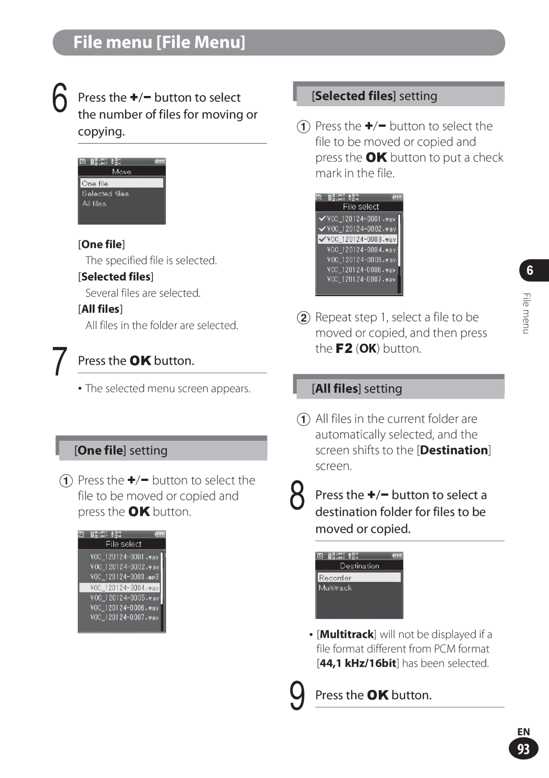 Olympus LS-100 user manual Selected files setting, Repeat , select a file to be 