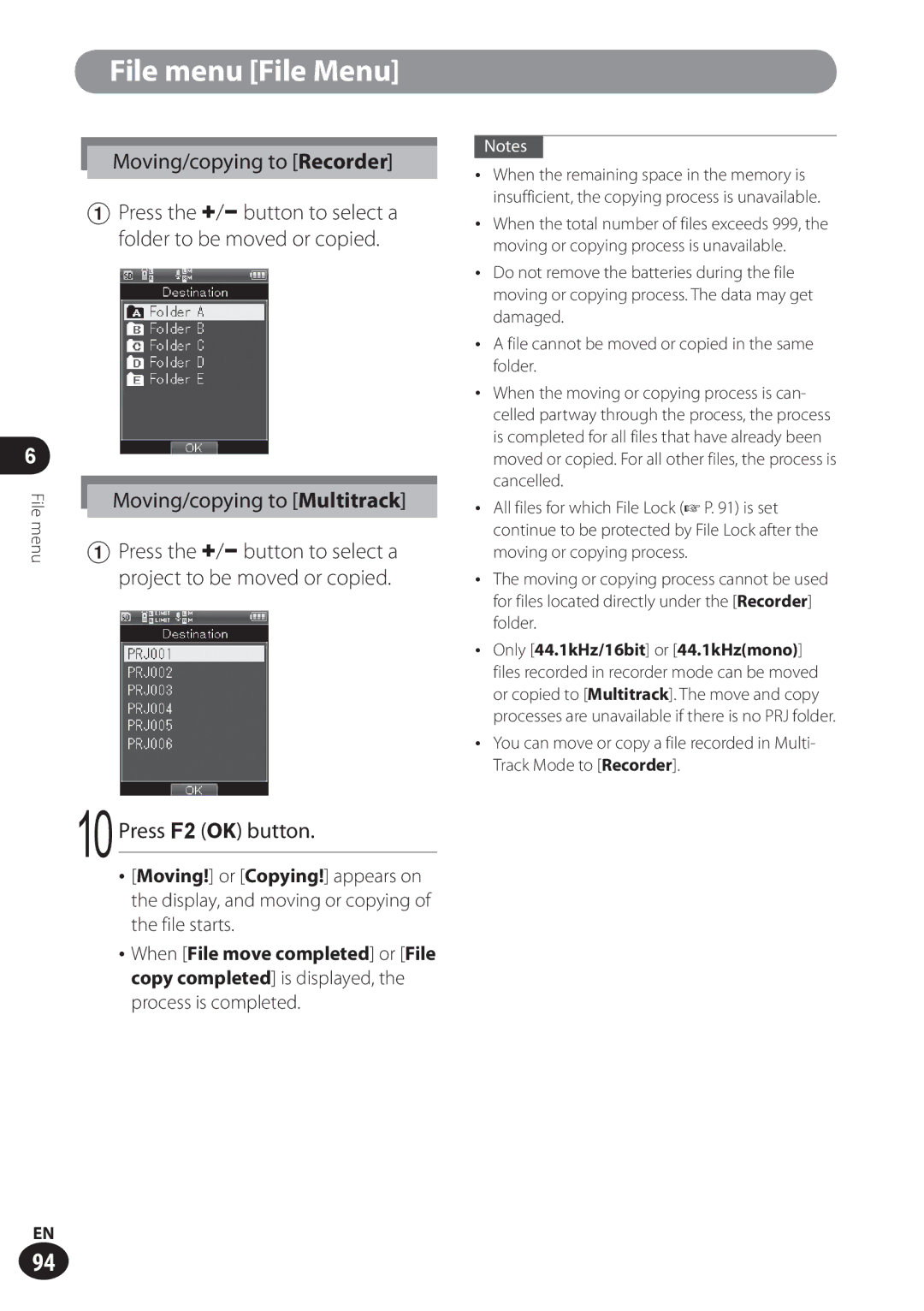 Olympus LS-100 user manual Moving/copying to Recorder, Moving/copying to Multitrack, Press the +/− button to select a 