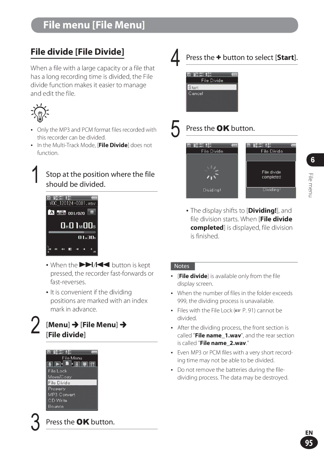 Olympus LS-100 File divide File Divide, Menu File Menu File divide, Multi-Track Mode, File Divide does not function 