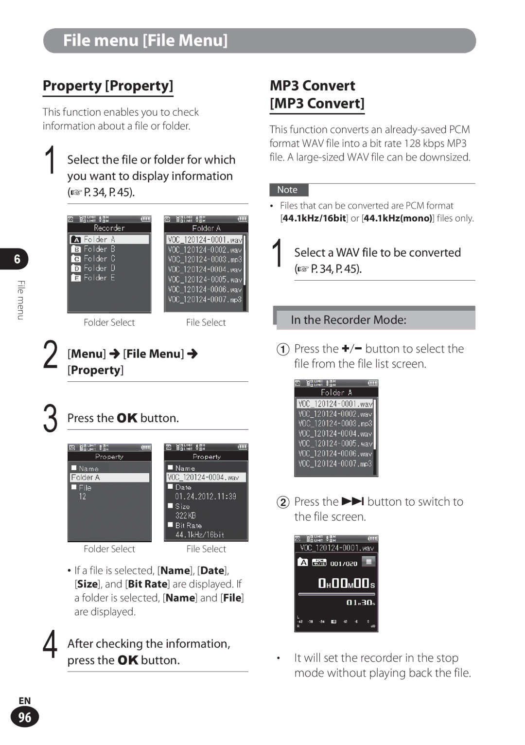 Olympus LS-100 user manual Property Property, MP3 Convert, Menu File Menu, Select a WAV file to be converted 