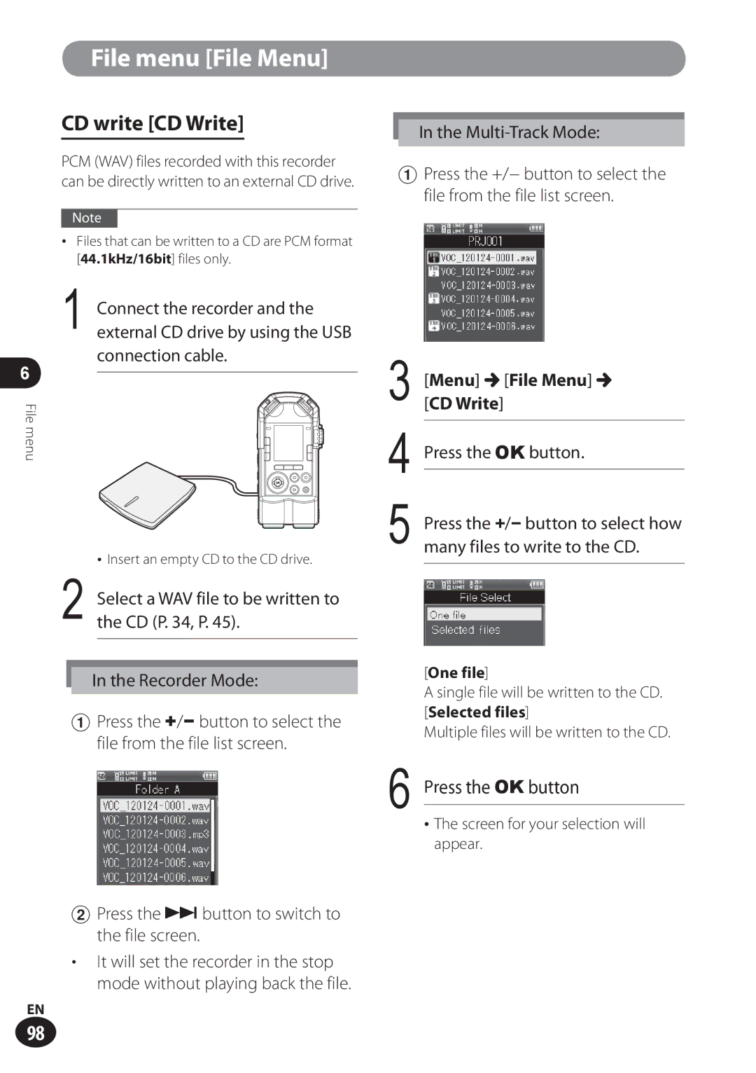 Olympus LS-100 user manual CD write CD Write, Menu File Menu CD Write, Screen for your selection will appear 